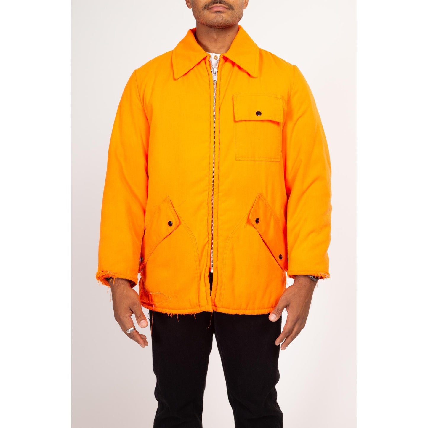 Medium 70s Neon Orange Quilt Lined Hunting Jacket | Vintage Show Shield Samco Distressed Insulated Winter Coat