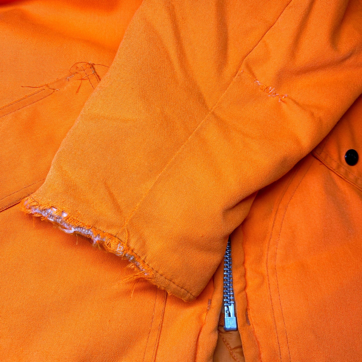 Medium 70s Neon Orange Quilt Lined Hunting Jacket | Vintage Show Shield Samco Distressed Insulated Winter Coat