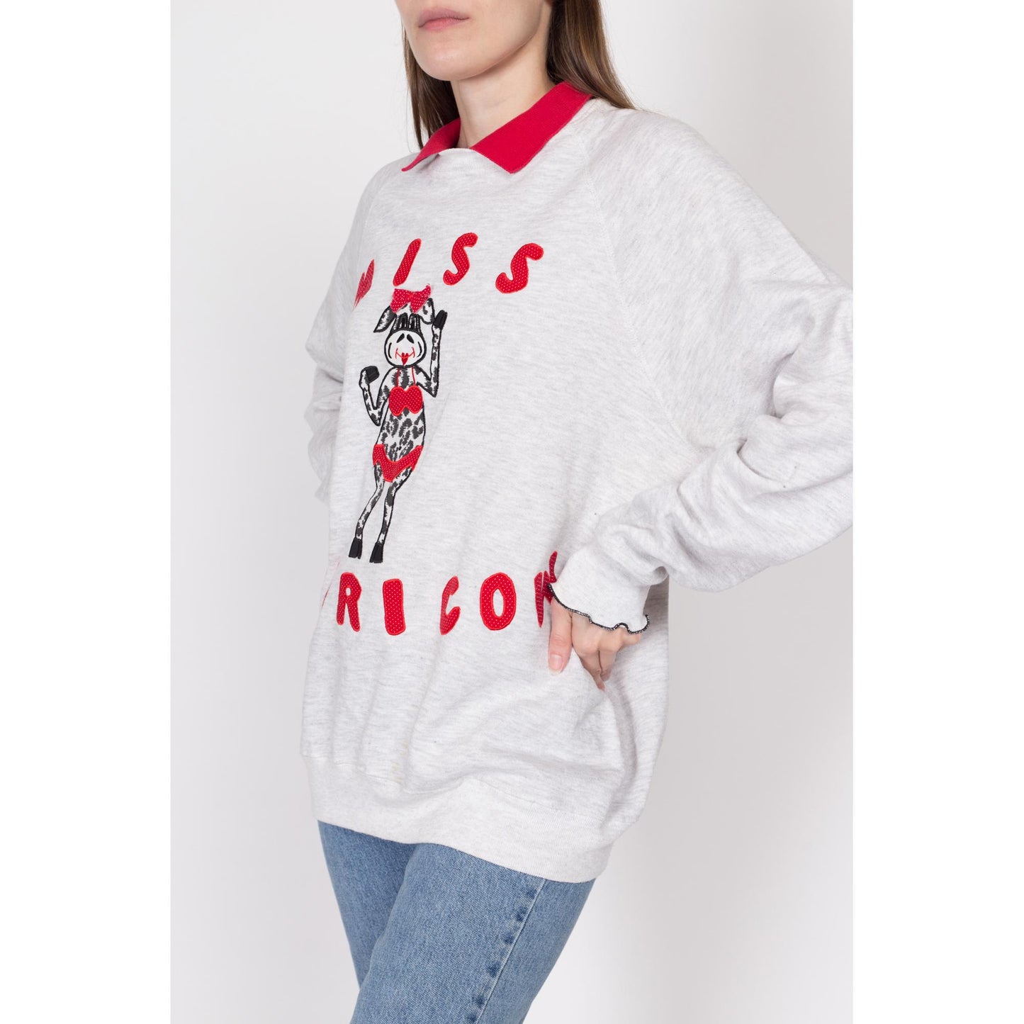 2X 90s "Miss Americow" Collared Cow Sweatshirt | Vintage Heather Grey Funny Animal Applique Pullover