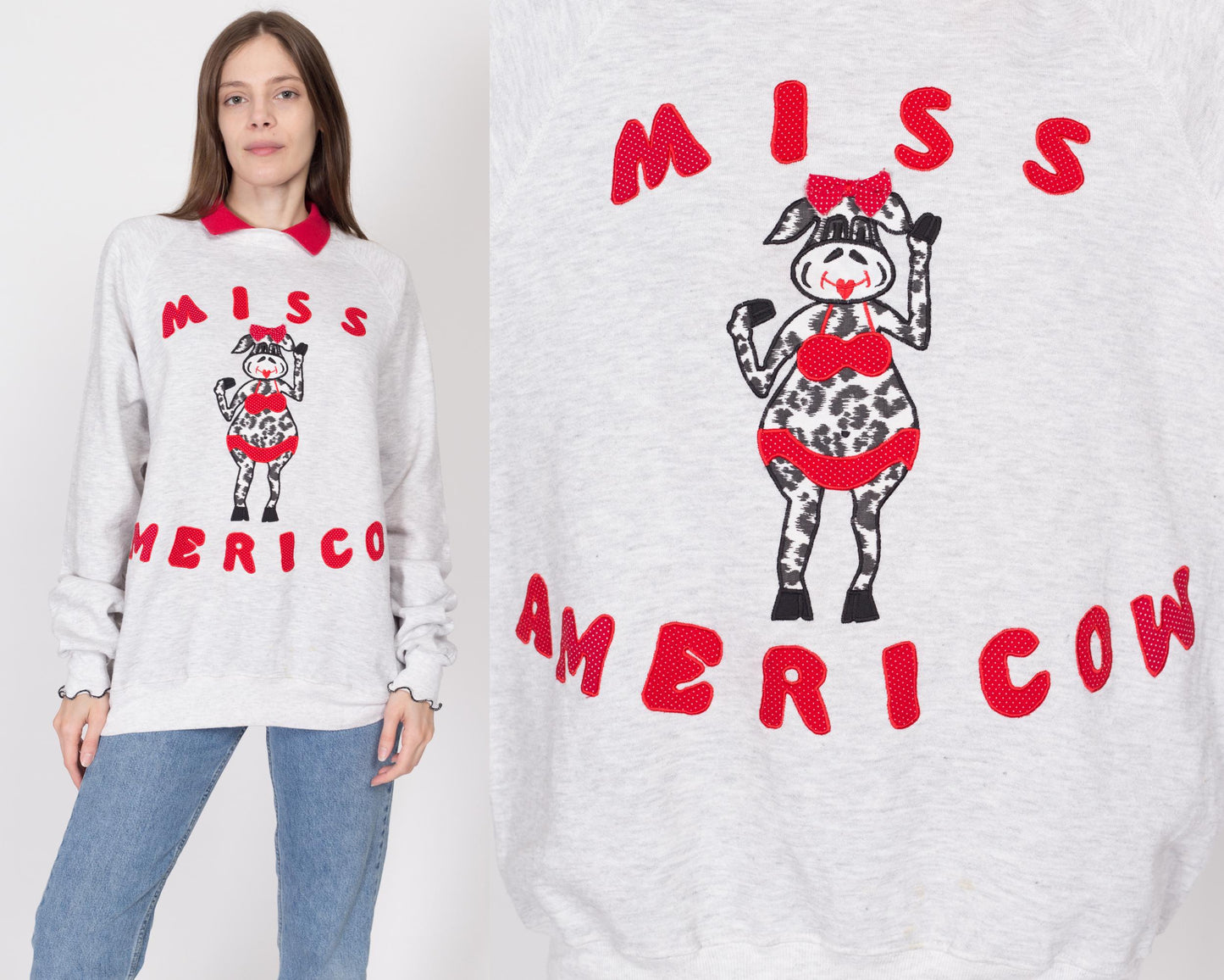 2X 90s "Miss Americow" Collared Cow Sweatshirt | Vintage Heather Grey Funny Animal Applique Pullover