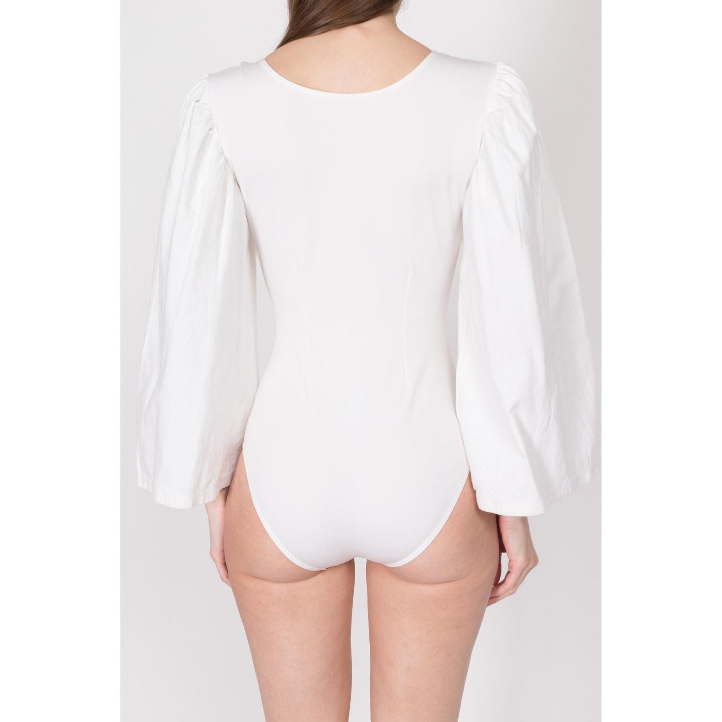 XS 90s White Bell Sleeve Leotard Bodysuit | Vintage Ballet Dancer Scoop Neck Costume Top