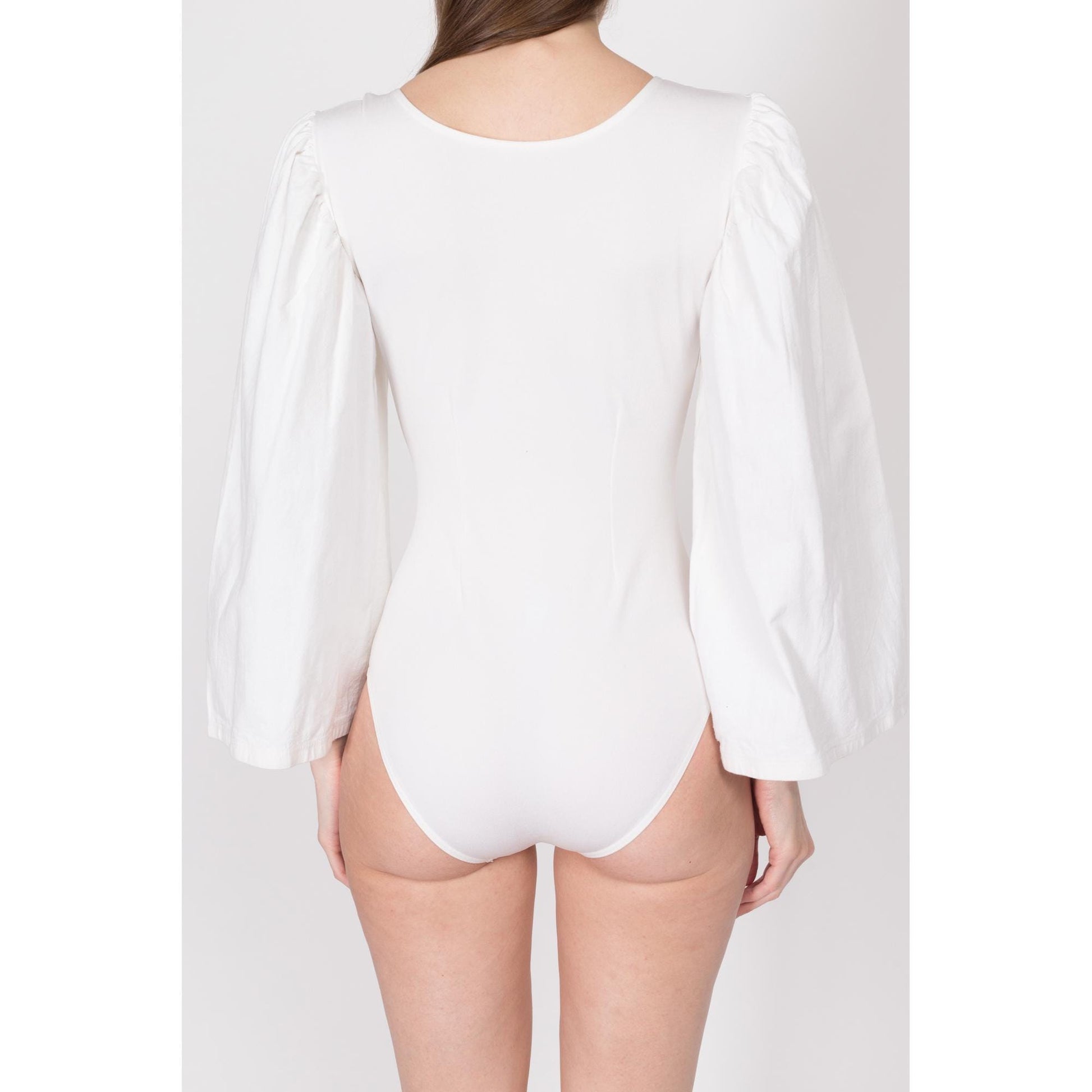 XS 90s White Bell Sleeve Leotard Bodysuit | Vintage Ballet Dancer Scoop Neck Costume Top