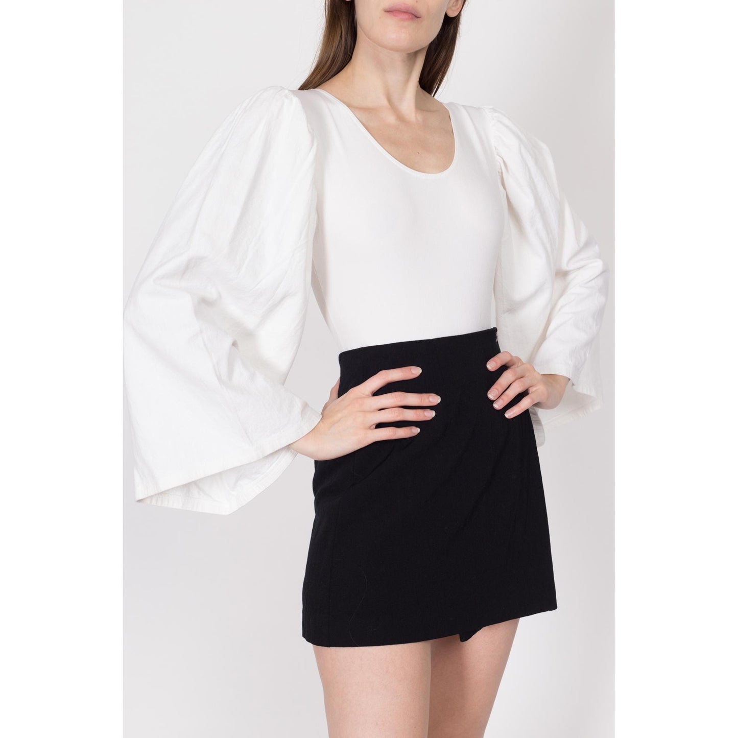 XS 90s White Bell Sleeve Leotard Bodysuit | Vintage Ballet Dancer Scoop Neck Costume Top