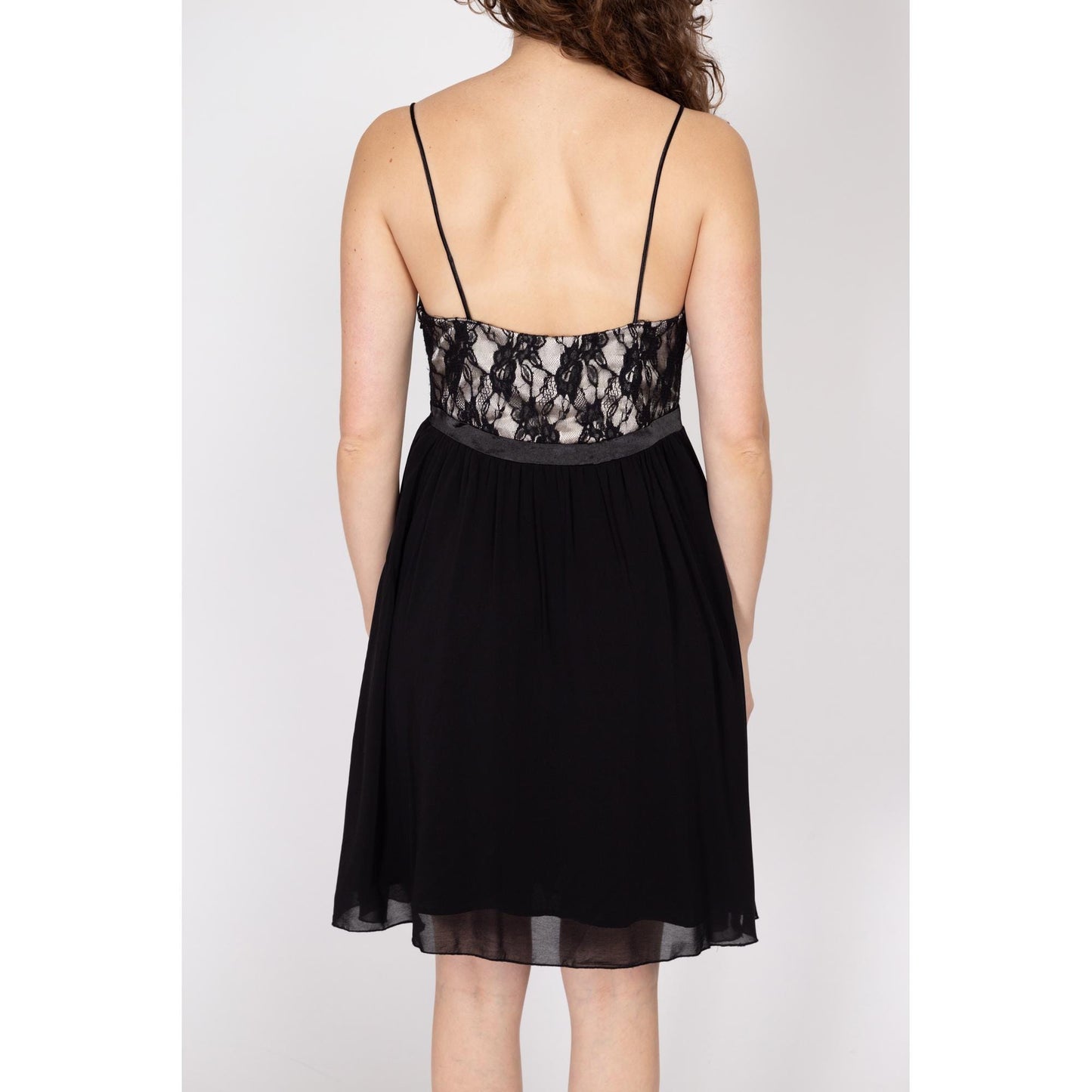 Medium 90s Cache Black Lace Bodice Babydoll Dress | Vintage Spaghetti Strap Crepe Mini Dress