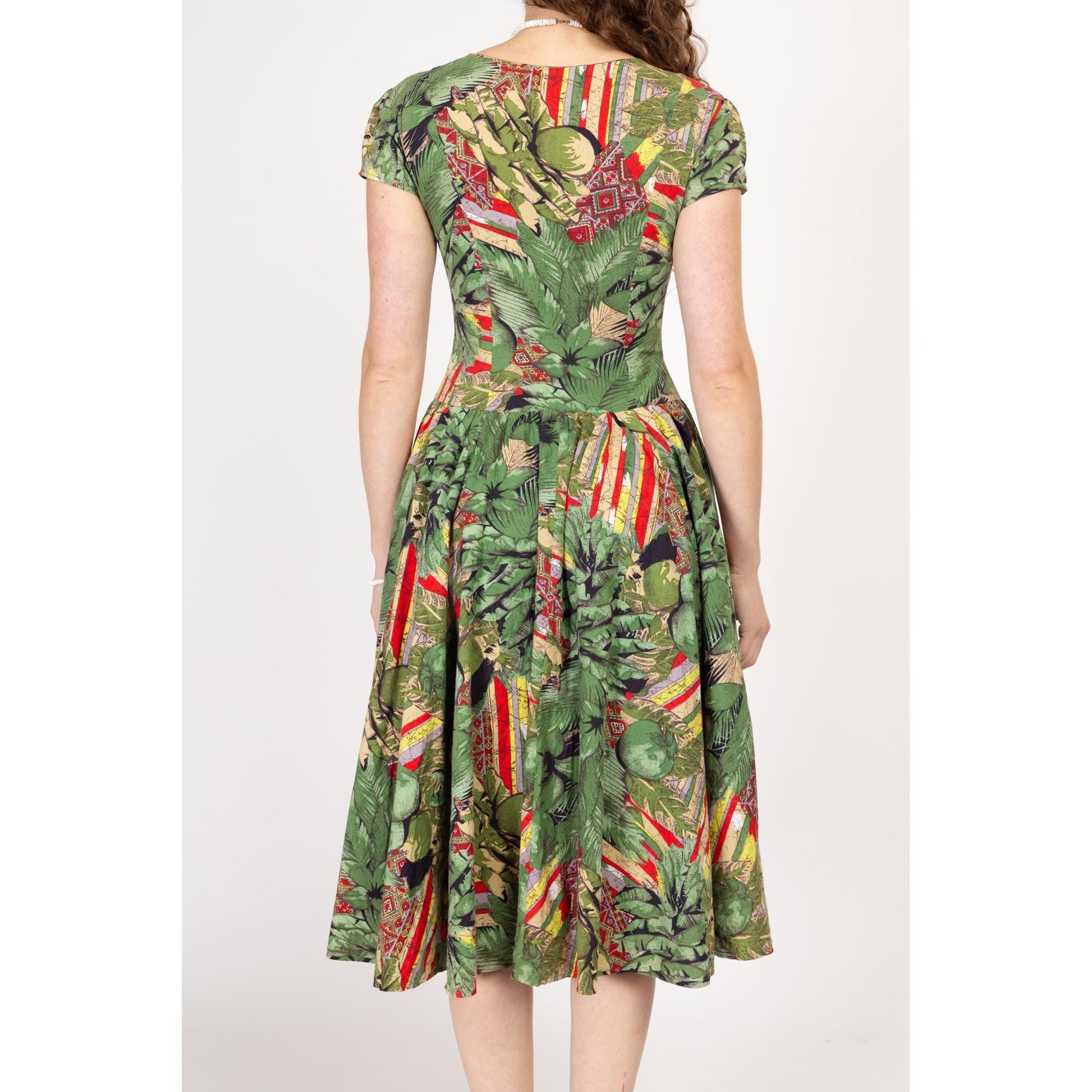 Small 80s Does 50s Green Floral Fit & Flare Dress | Retro Short Sleeve Button Up Fitted Waist Shirtdress