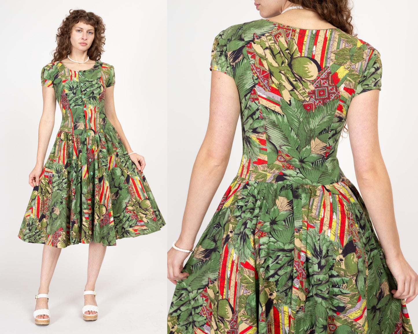 Small 80s Does 50s Green Floral Fit & Flare Dress | Retro Short Sleeve Button Up Fitted Waist Shirtdress
