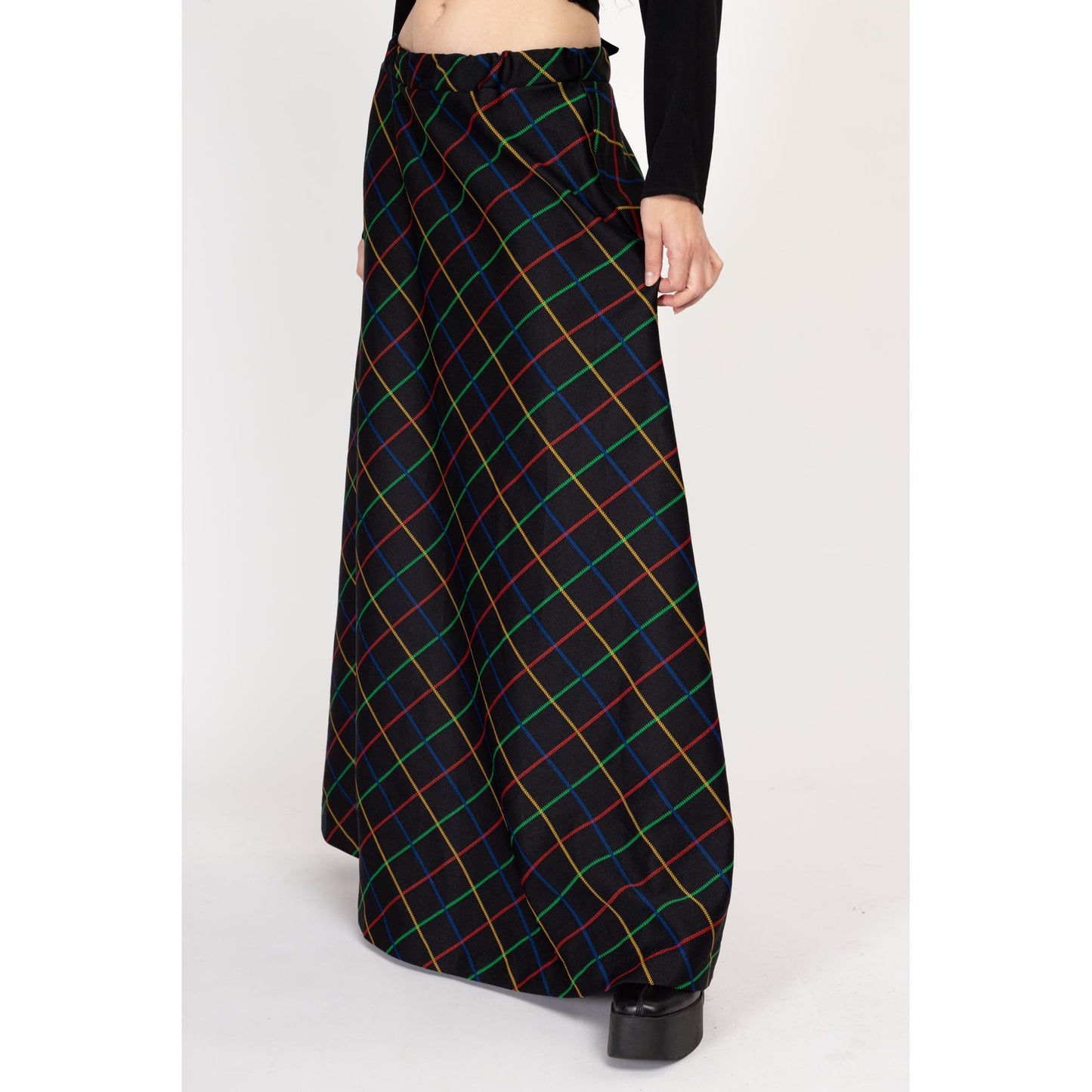 Large 70s Black Primary Color Windowpane Plaid Maxi Skirt | Vintage High Waisted A Line Long Skirt
