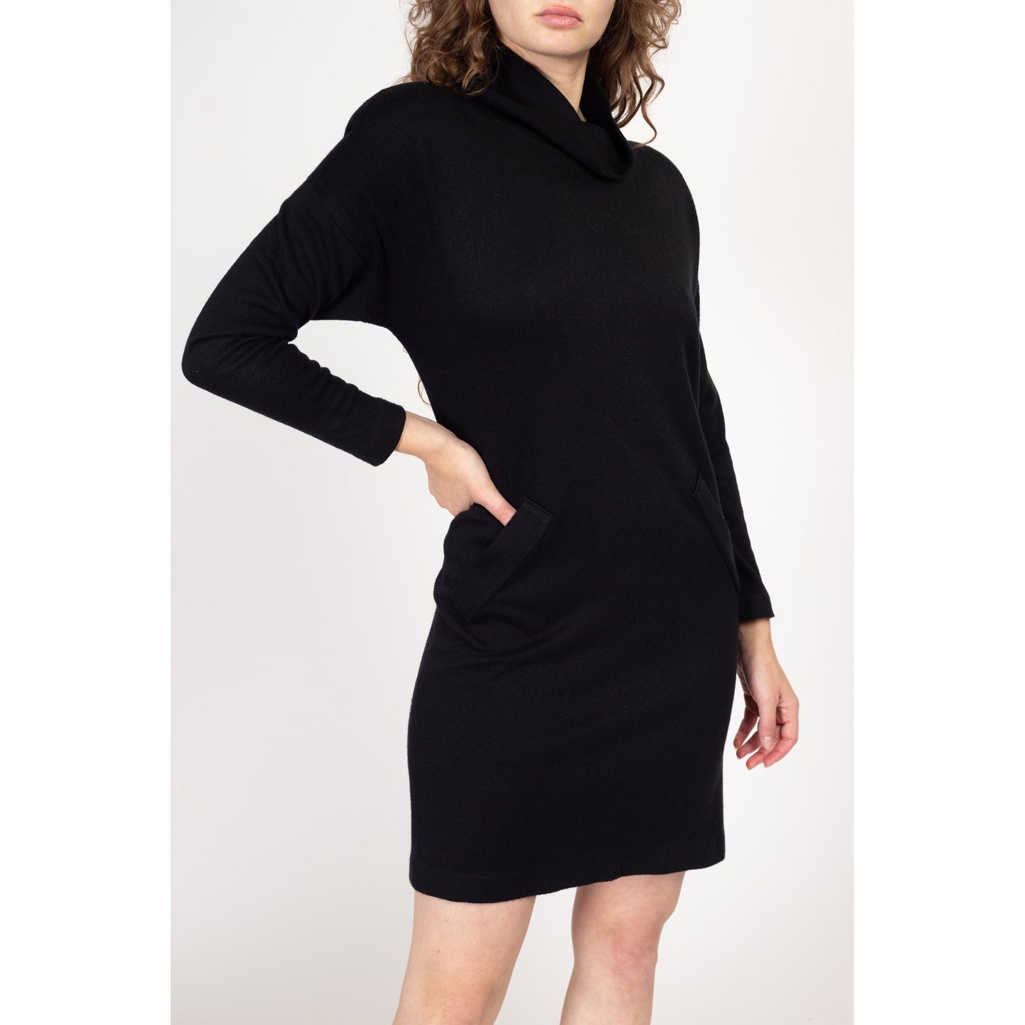 Medium 80s Black Knit Cowl Neck Mini Sweater Dress | Vintage Avant Garde Batwing Shoulder Pad Mockneck Dress