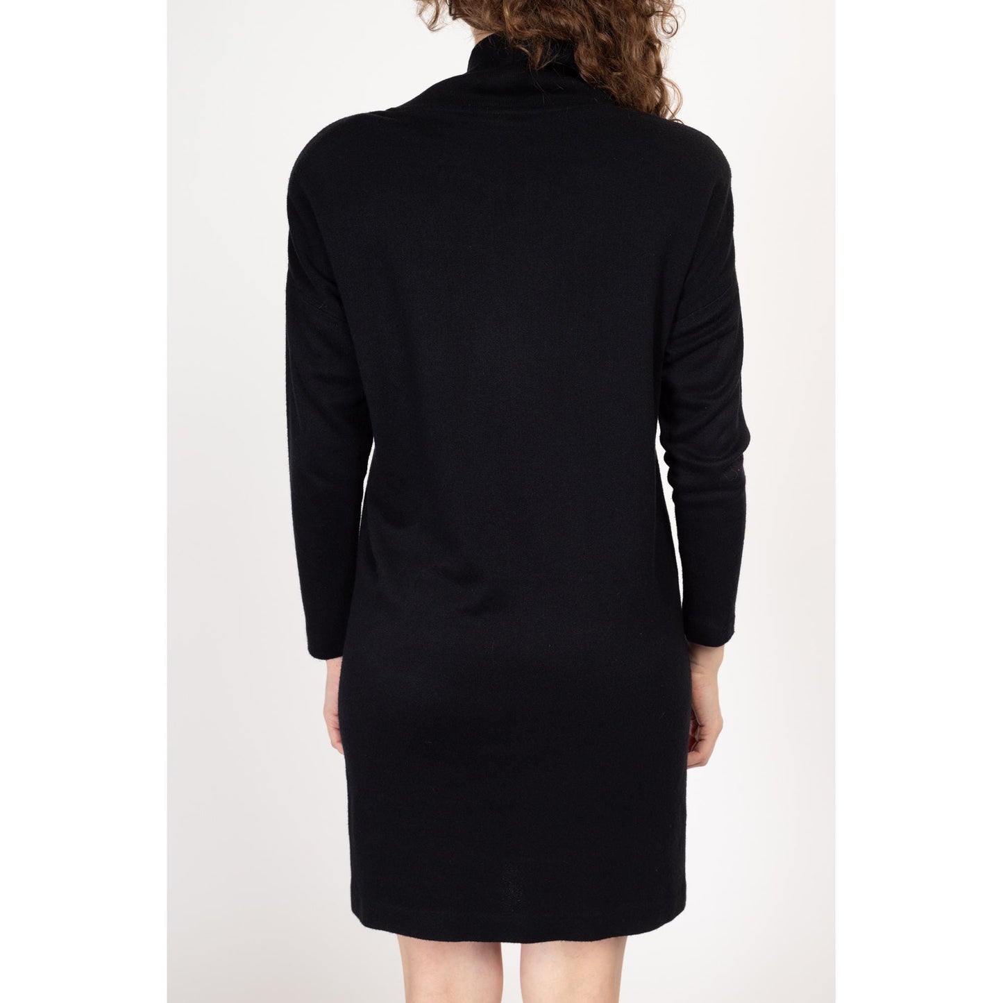 Medium 80s Black Knit Cowl Neck Mini Sweater Dress | Vintage Avant Garde Batwing Shoulder Pad Mockneck Dress