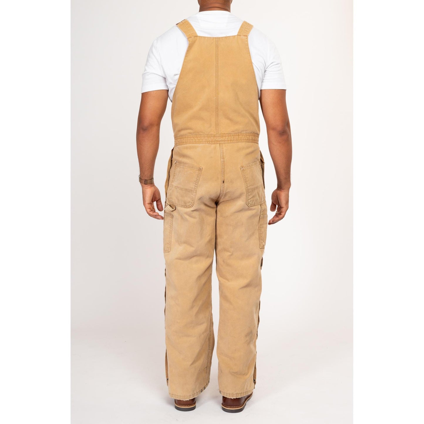 38x32 90s Carhartt Insulated Quilt Lined Overalls | Vintage Union Made In USA Faded Tan Distressed Workwear Jumpsuit