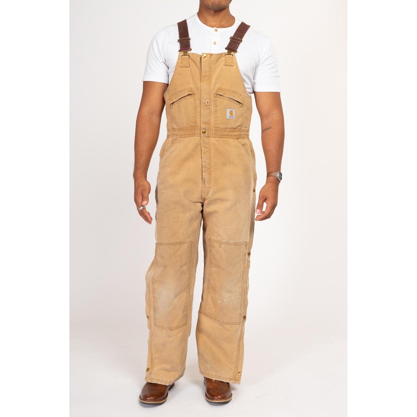 38x32 90s Carhartt Insulated Quilt Lined Overalls | Vintage Union Made In USA Faded Tan Distressed Workwear Jumpsuit