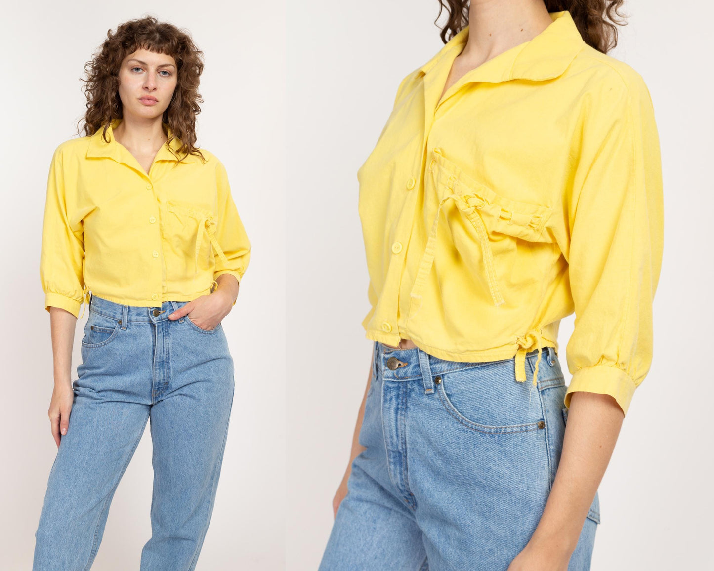 Large 80s Yellow Cotton Button Up Crop Top | Vintage Dolman Sleeve Collared Cropped Shirt