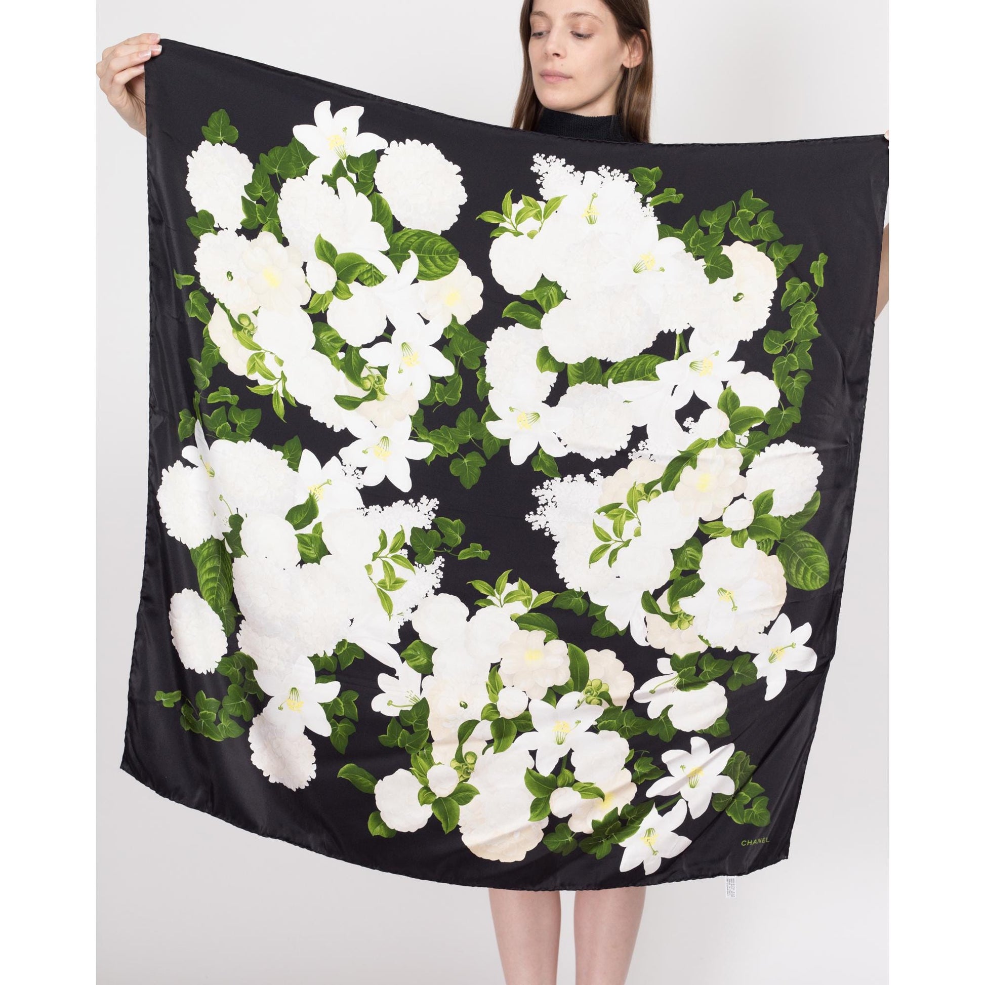 Vintage Chanel Silk Floral Large Square Scarf 37x39"