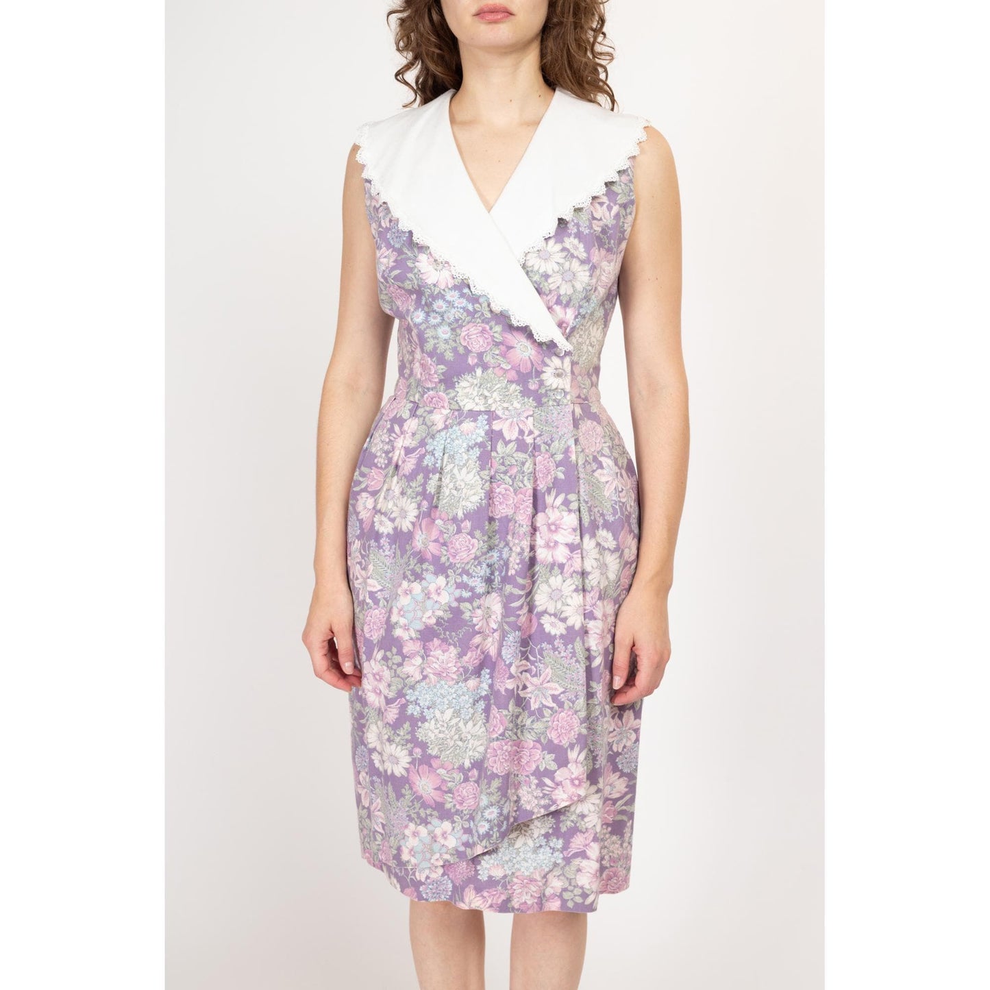 Petite Large 80s Lanz Purple Floral Sailor Collar Wrap Dress | Vintage Grunge Lace Trim Sleeveless Midi Dress