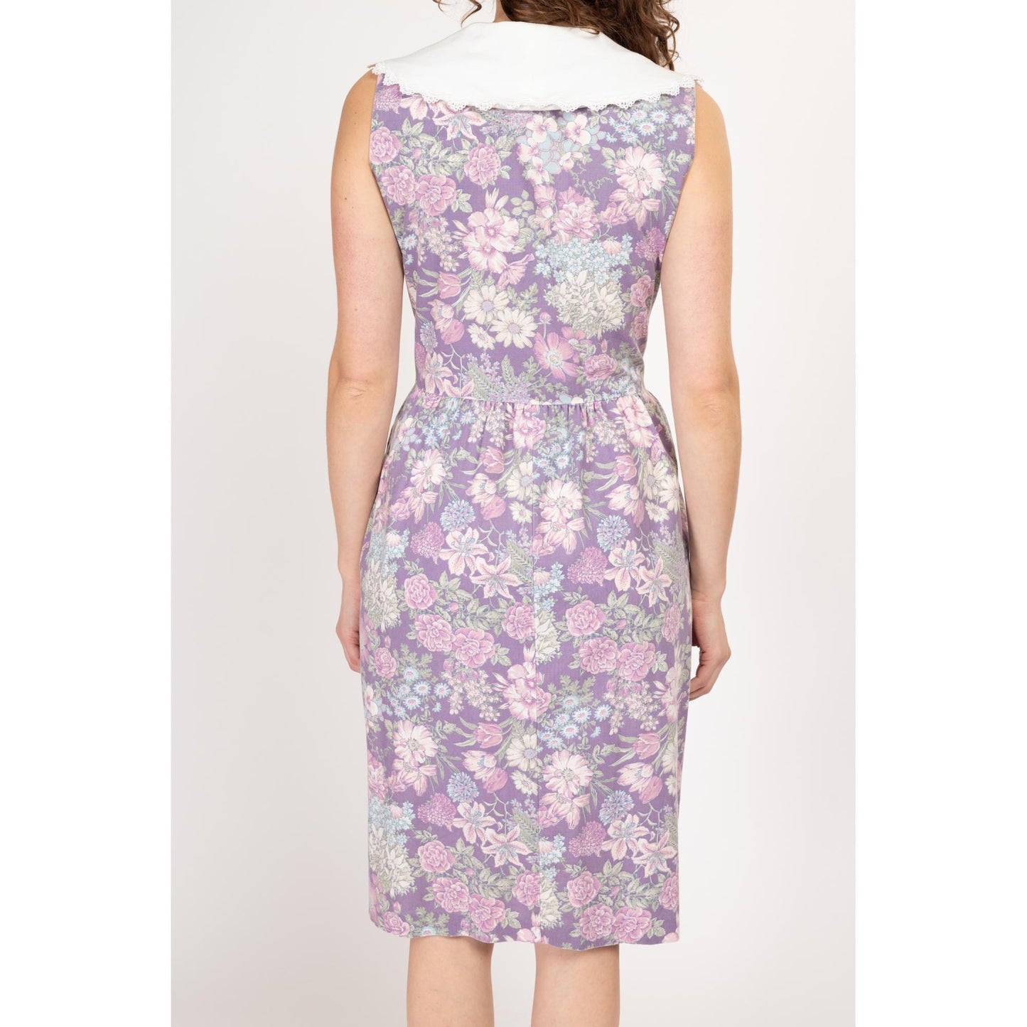 Petite Large 80s Lanz Purple Floral Sailor Collar Wrap Dress | Vintage Grunge Lace Trim Sleeveless Midi Dress
