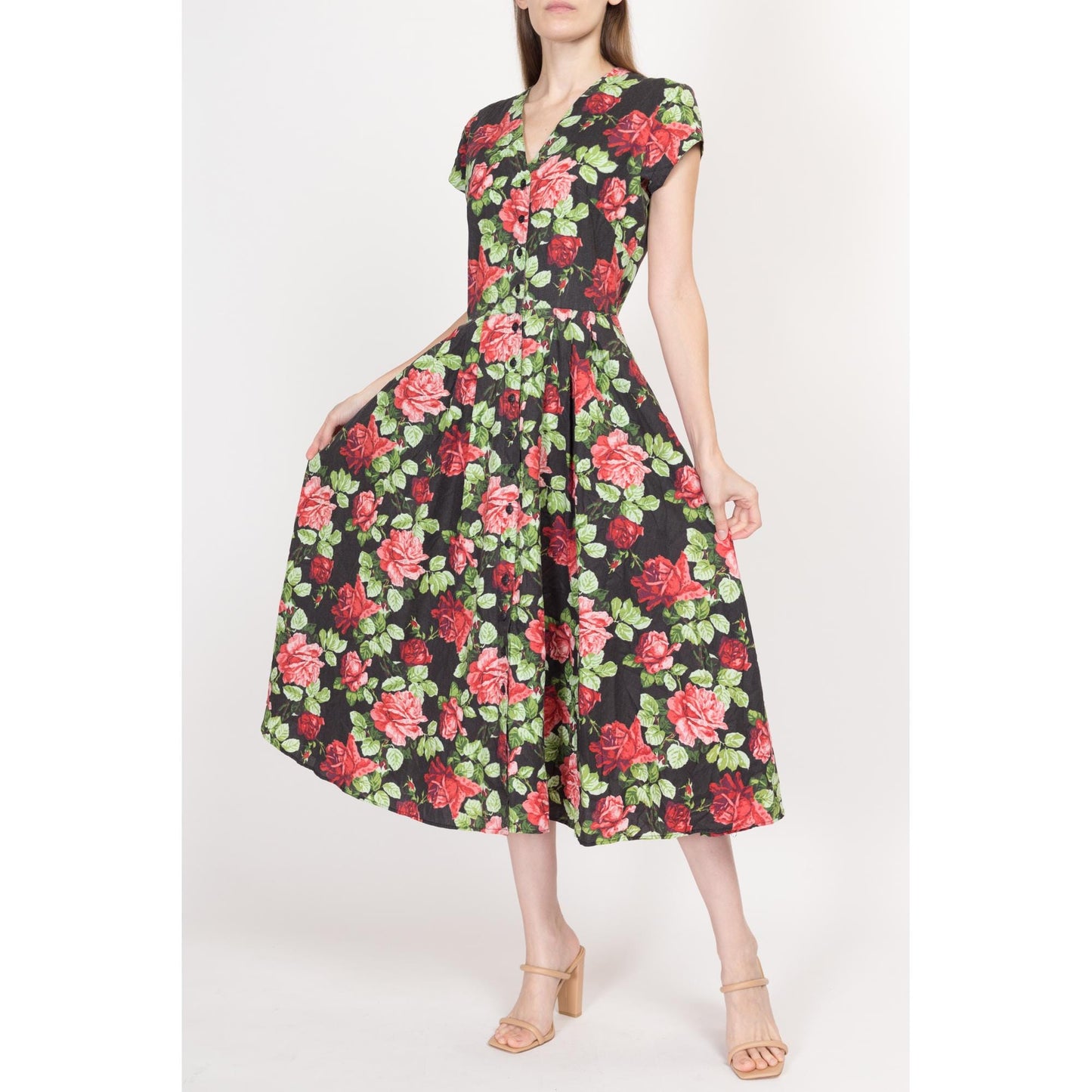 Small 80s Rose Print Black Floral Fit & Flare Dress | Vintage Boho Button Up Short Sleeve Midi Cotton Sundress