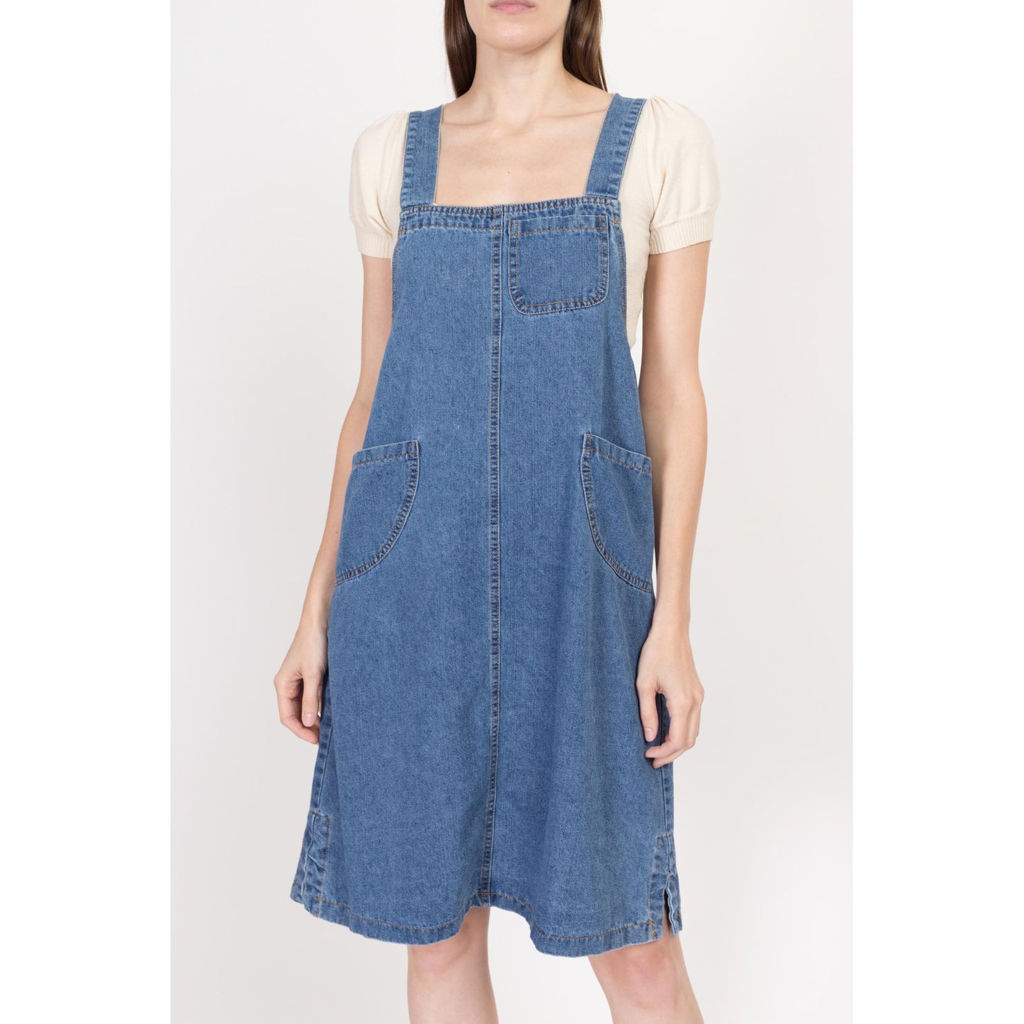 Small 90s Denim A Line Mini Pinafore Dress | Vintage Sleeveless Square Neck Blue Jean Dress
