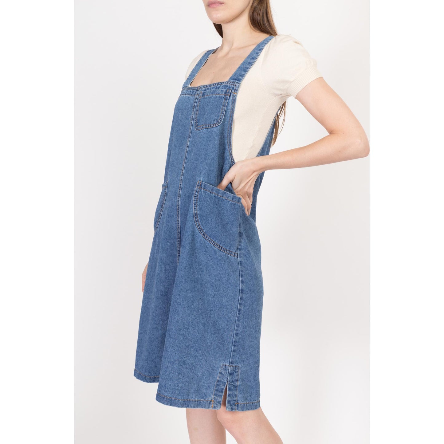 Small 90s Denim A Line Mini Pinafore Dress | Vintage Sleeveless Square Neck Blue Jean Dress