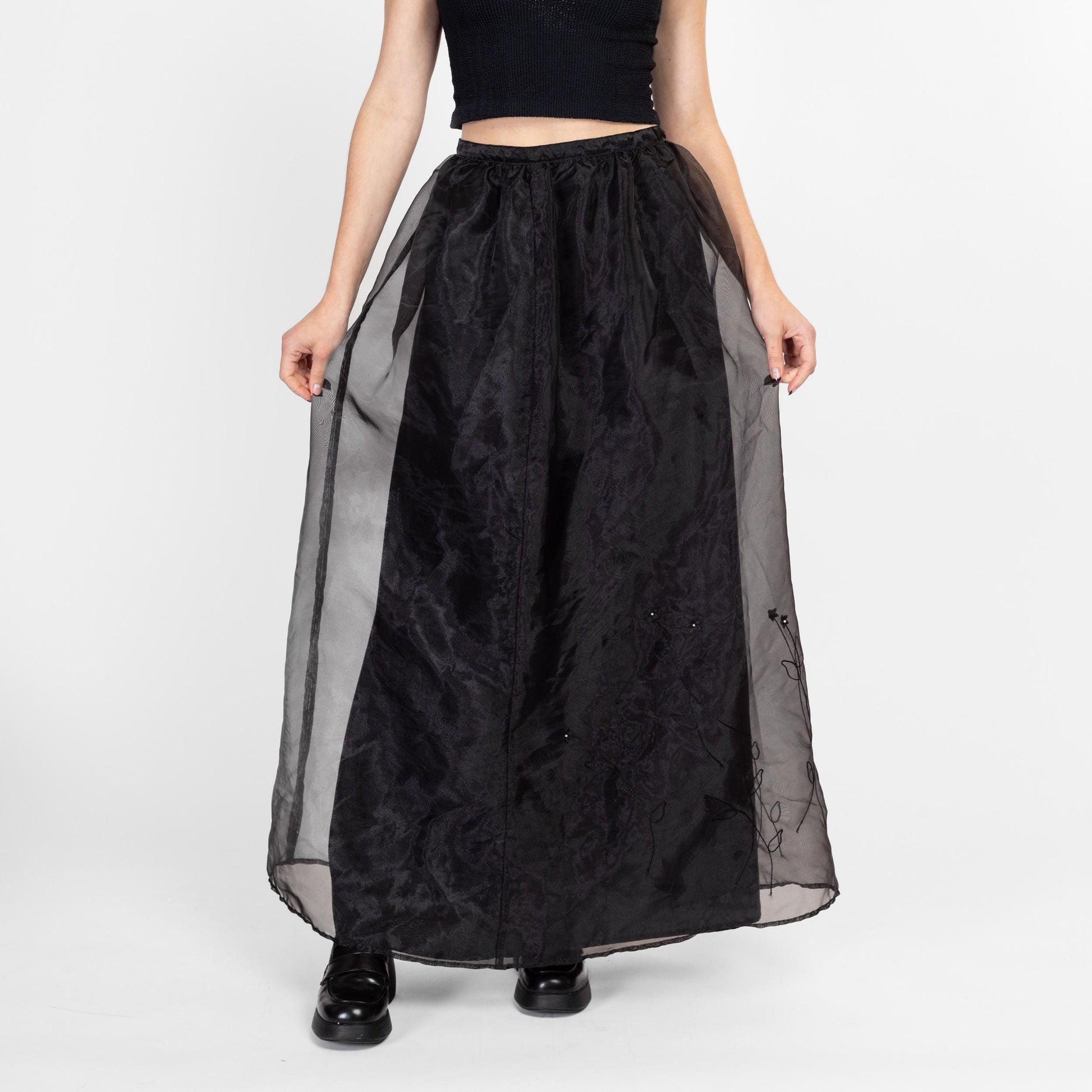 Sm-Med 80s Black Organza Floral Maxi Skirt 28" | Vintage Sheer Formal High Waisted Full Skirt