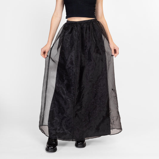 Sm-Med 80s Black Organza Floral Maxi Skirt 28" | Vintage Sheer Formal High Waisted Full Skirt