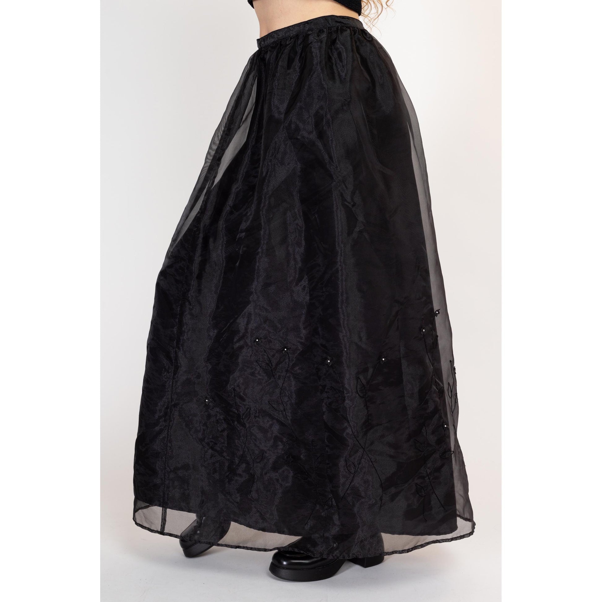 Sm-Med 80s Black Organza Floral Maxi Skirt 28" | Vintage Sheer Formal High Waisted Full Skirt