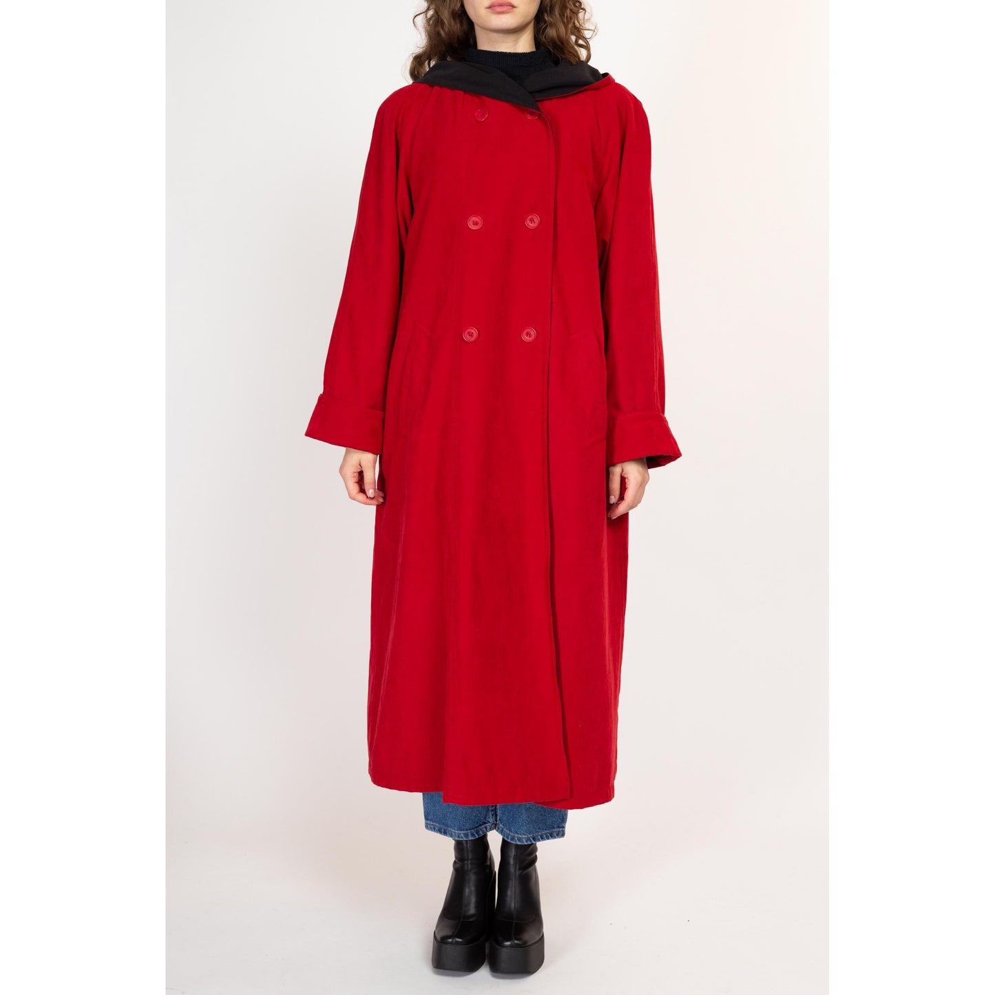 Large 90s Red Ultrasuede Hooded Trench Coat | Vintage Lined Double Breasted Button Up Long Jacket