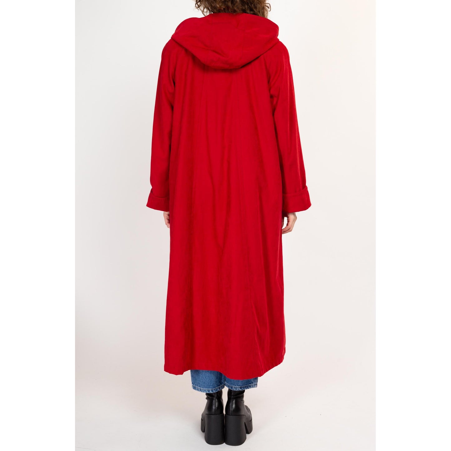 Large 90s Red Ultrasuede Hooded Trench Coat | Vintage Lined Double Breasted Button Up Long Jacket