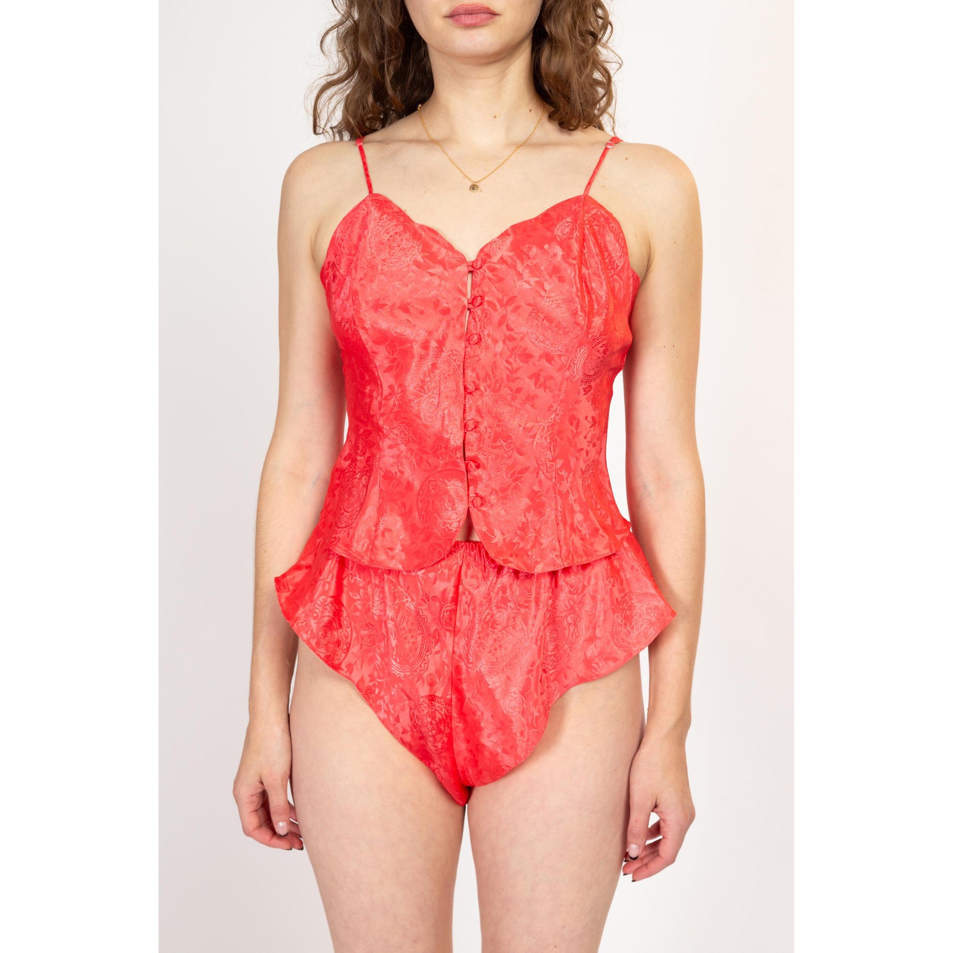 Medium 90s Victoria's Secret Coral Pink Floral Lingerie Set | Vintage Loungewear Two Piece Matching Panty Tap Pants & Camisole