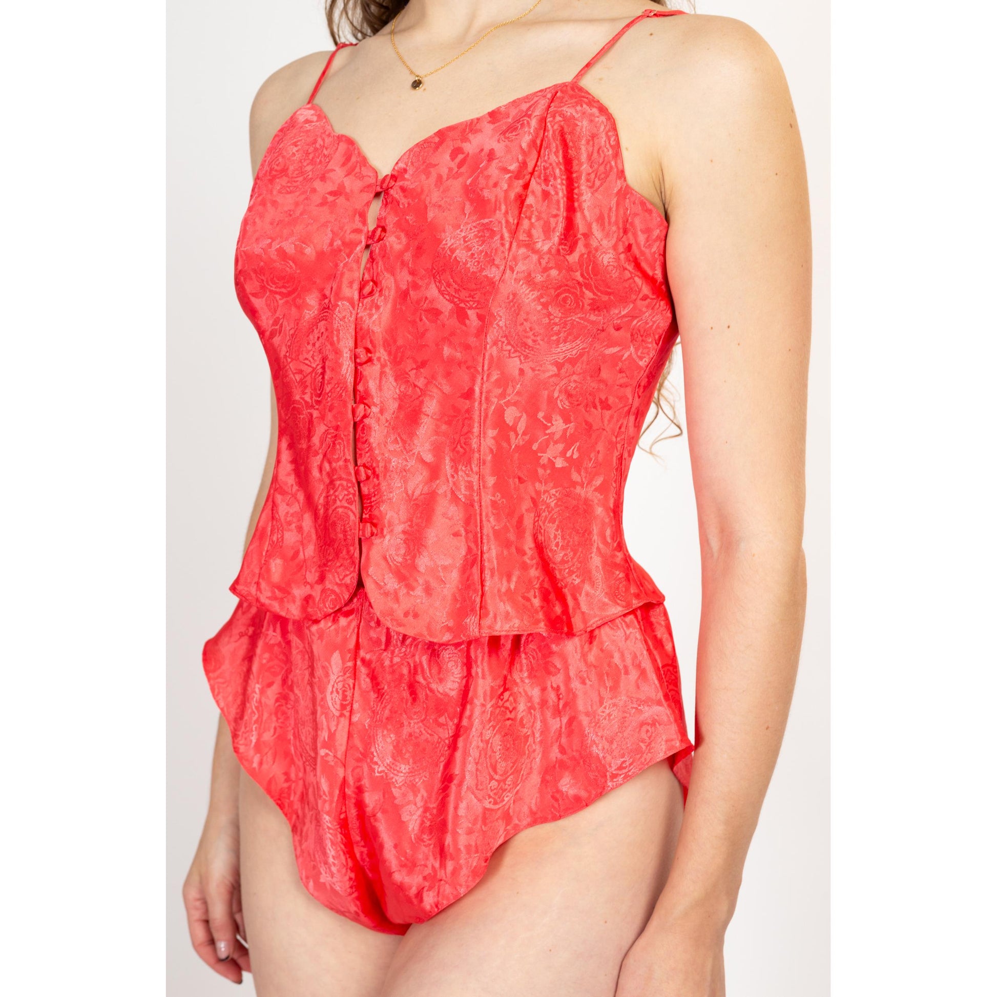 Medium 90s Victoria's Secret Coral Pink Floral Lingerie Set | Vintage Loungewear Two Piece Matching Panty Tap Pants & Camisole