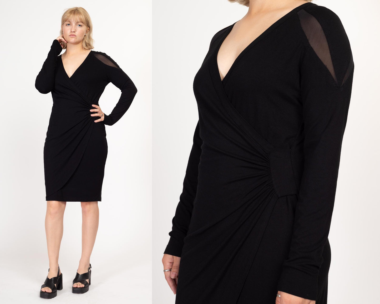 Large Y2K Cache Black Bodycon Long Sleeve Mini Dress | Vintage Sheer Panel Cocktail Party Wrap Dress
