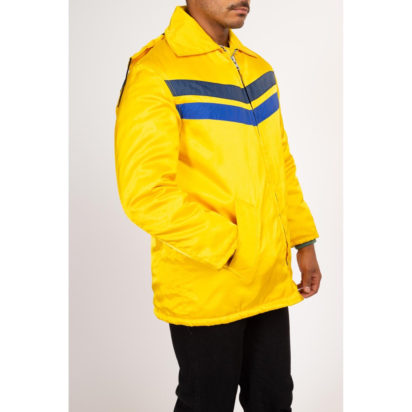 Medium 70s Yellow Fireman Jacket | Vintage Insulated Zip Up Puffy Firefighter Uniform Coat