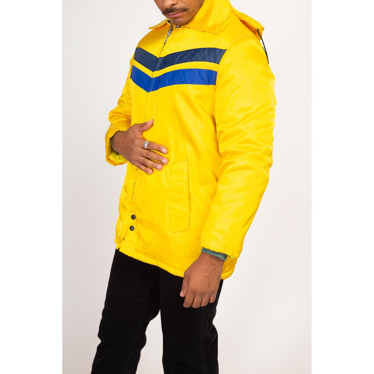Medium 70s Yellow Fireman Jacket | Vintage Insulated Zip Up Puffy Firefighter Uniform Coat