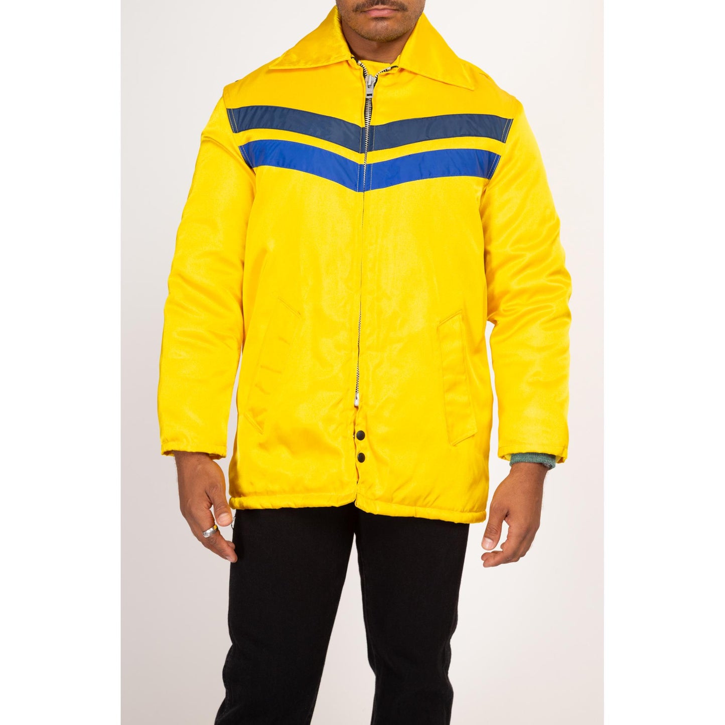 Medium 70s Yellow Fireman Jacket | Vintage Insulated Zip Up Puffy Firefighter Uniform Coat