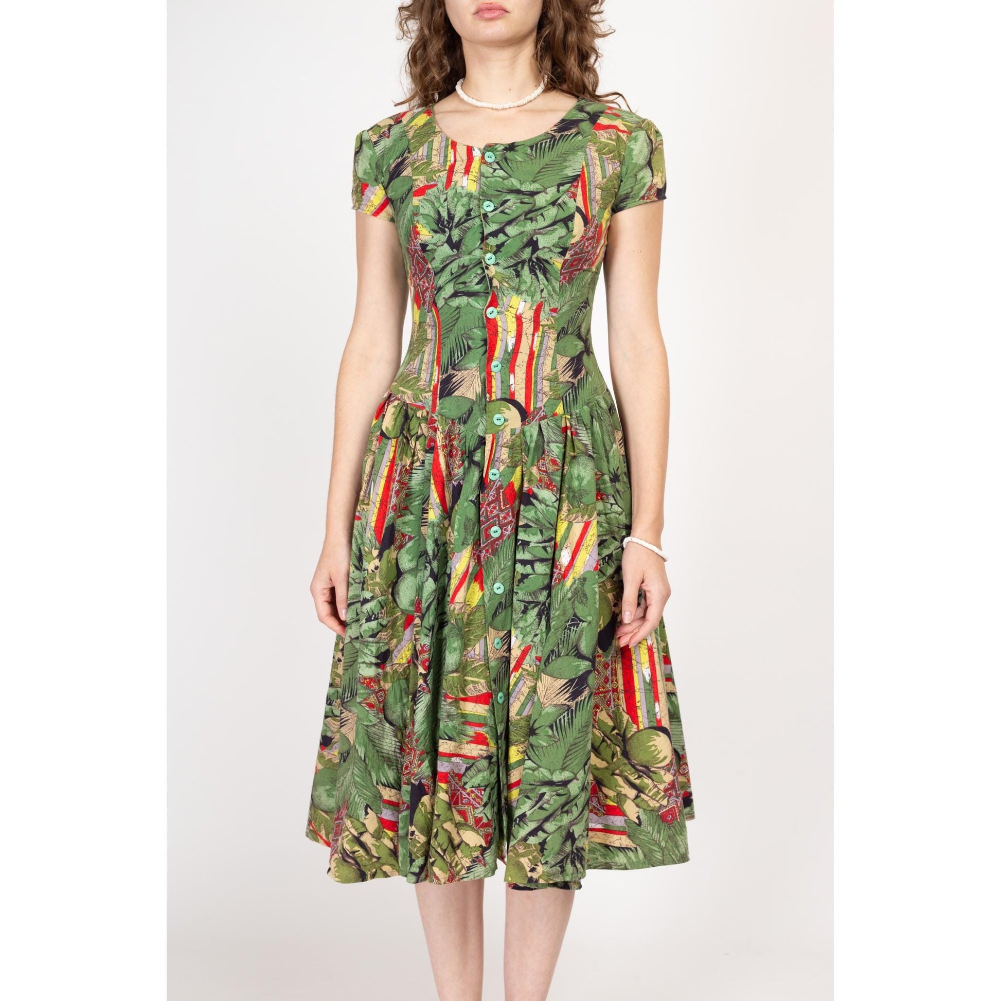 Small 80s Does 50s Green Floral Fit & Flare Dress | Retro Short Sleeve Button Up Fitted Waist Shirtdress