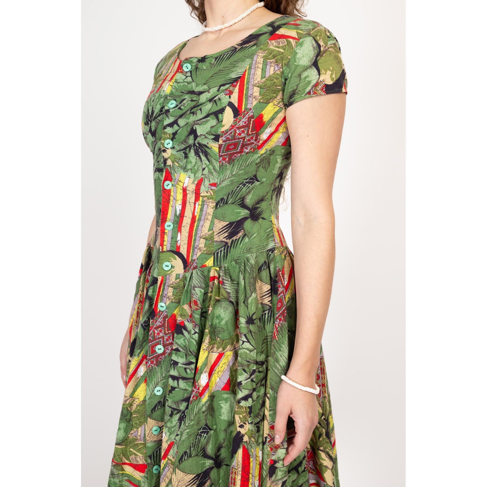 Small 80s Does 50s Green Floral Fit & Flare Dress | Retro Short Sleeve Button Up Fitted Waist Shirtdress