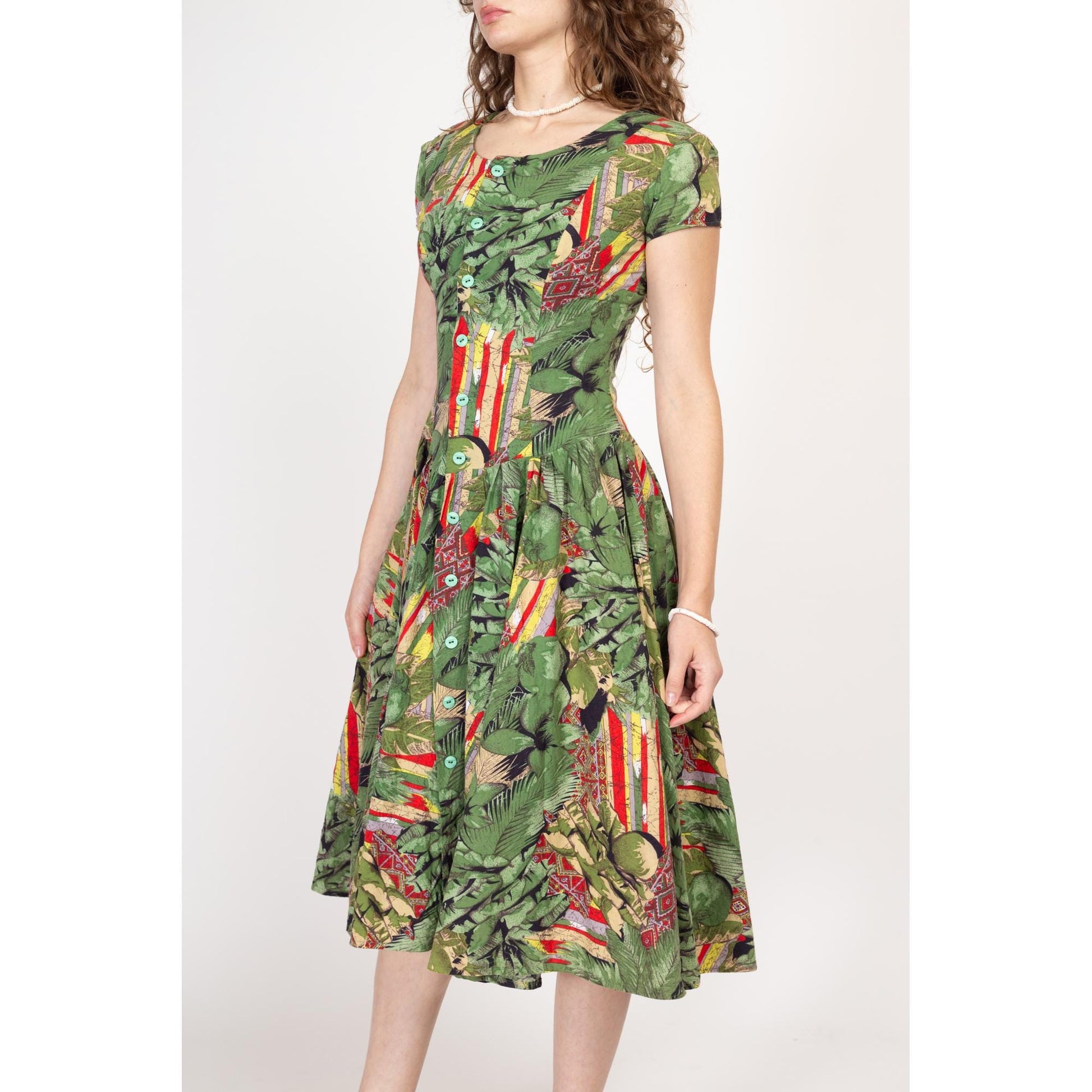 Small 80s Does 50s Green Floral Fit & Flare Dress | Retro Short Sleeve Button Up Fitted Waist Shirtdress