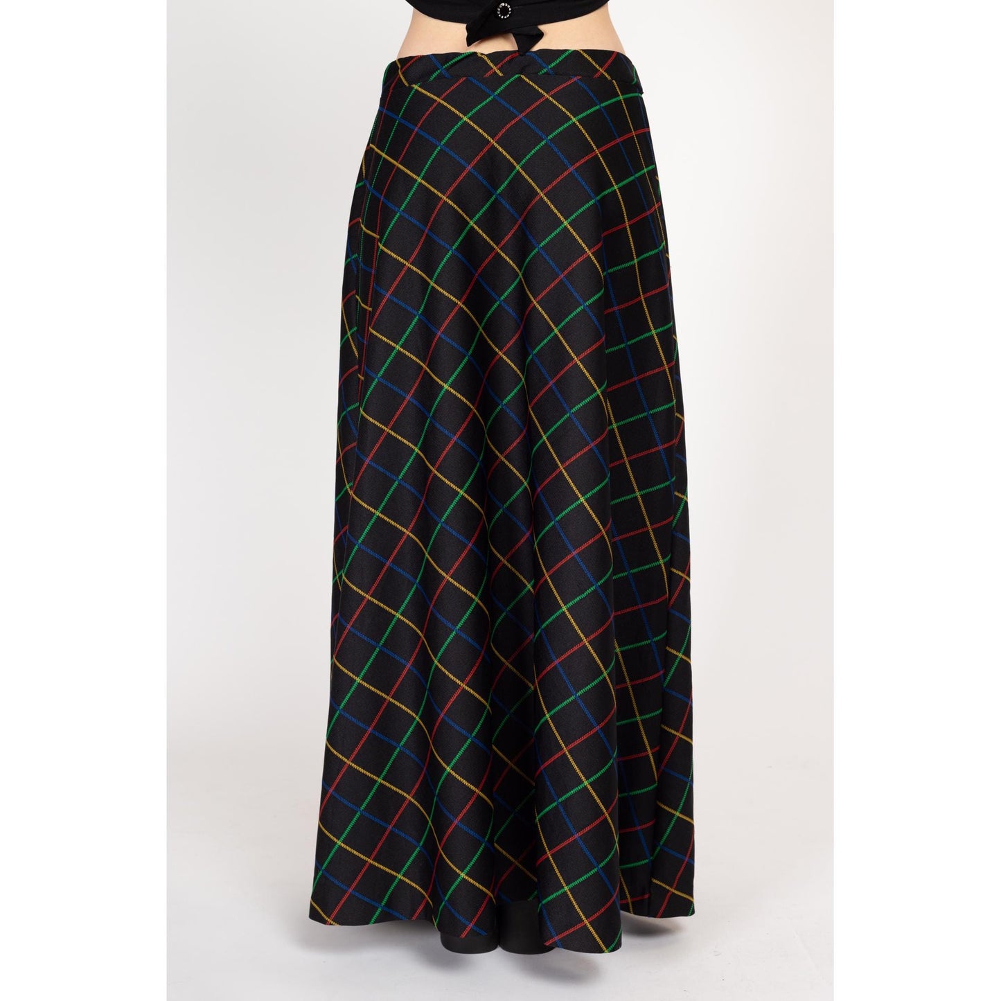 Large 70s Black Primary Color Windowpane Plaid Maxi Skirt | Vintage High Waisted A Line Long Skirt