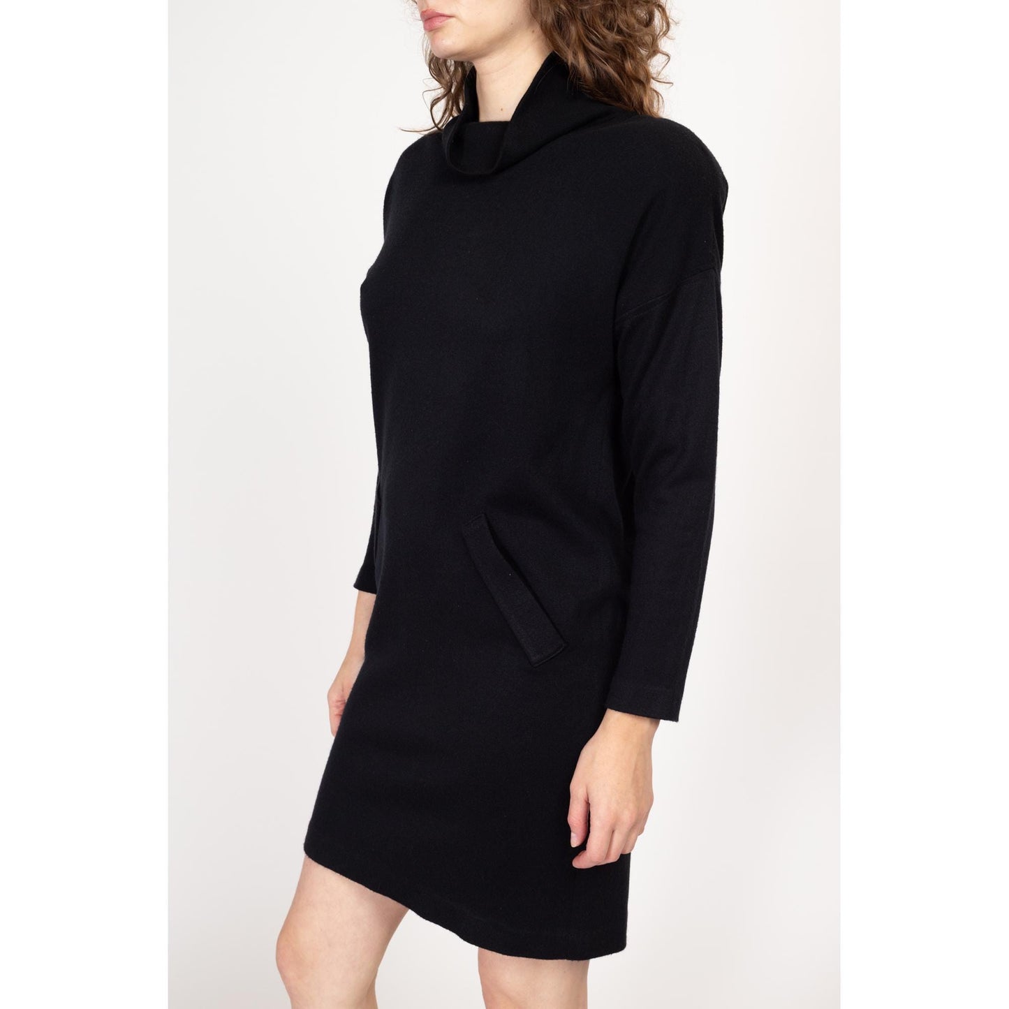Medium 80s Black Knit Cowl Neck Mini Sweater Dress | Vintage Avant Garde Batwing Shoulder Pad Mockneck Dress