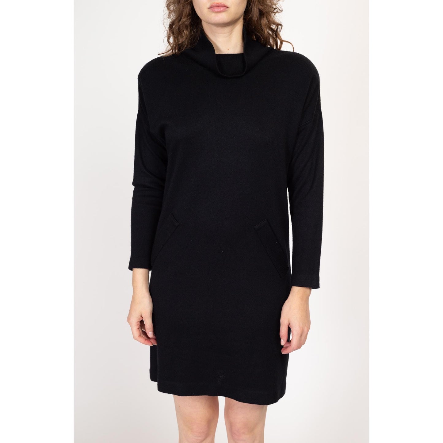 Medium 80s Black Knit Cowl Neck Mini Sweater Dress | Vintage Avant Garde Batwing Shoulder Pad Mockneck Dress