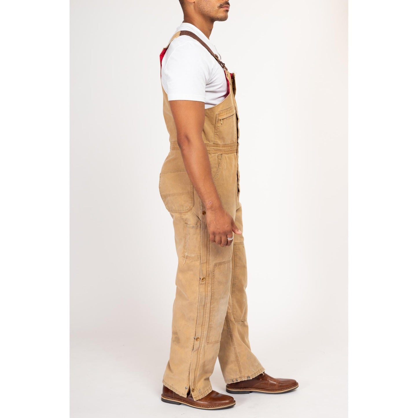 38x32 90s Carhartt Insulated Quilt Lined Overalls | Vintage Union Made In USA Faded Tan Distressed Workwear Jumpsuit