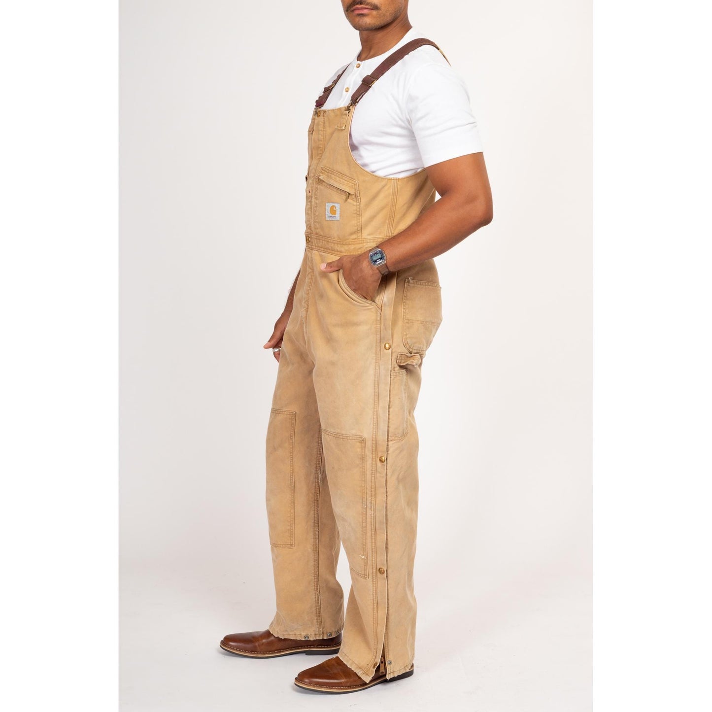 38x32 90s Carhartt Insulated Quilt Lined Overalls | Vintage Union Made In USA Faded Tan Distressed Workwear Jumpsuit