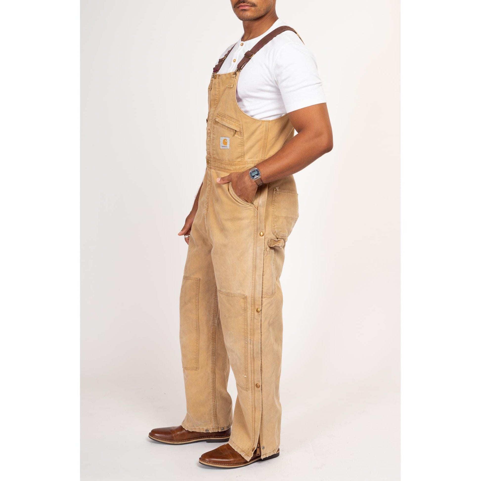 38x32 90s Carhartt Insulated Quilt Lined Overalls | Vintage Union Made In USA Faded Tan Distressed Workwear Jumpsuit