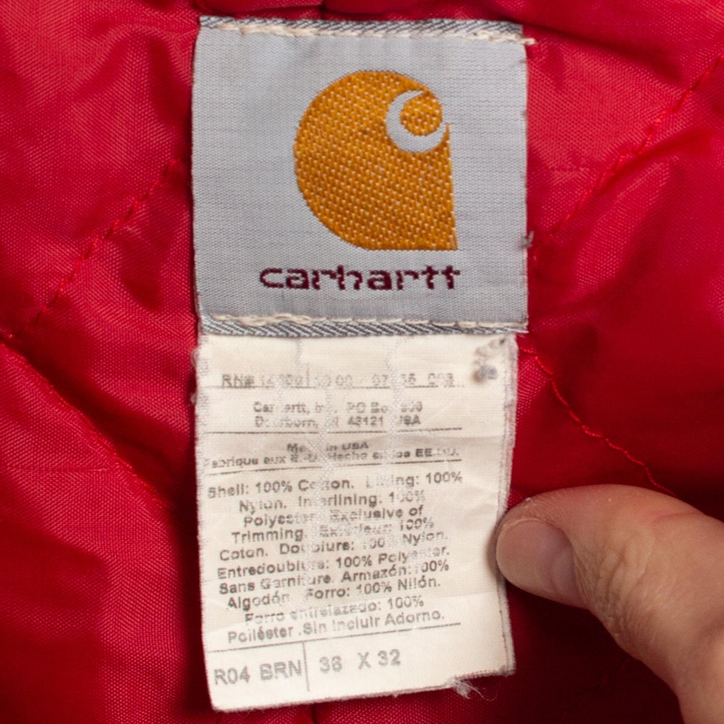 38x32 90s Carhartt Insulated Quilt Lined Overalls | Vintage Union Made In USA Faded Tan Distressed Workwear Jumpsuit