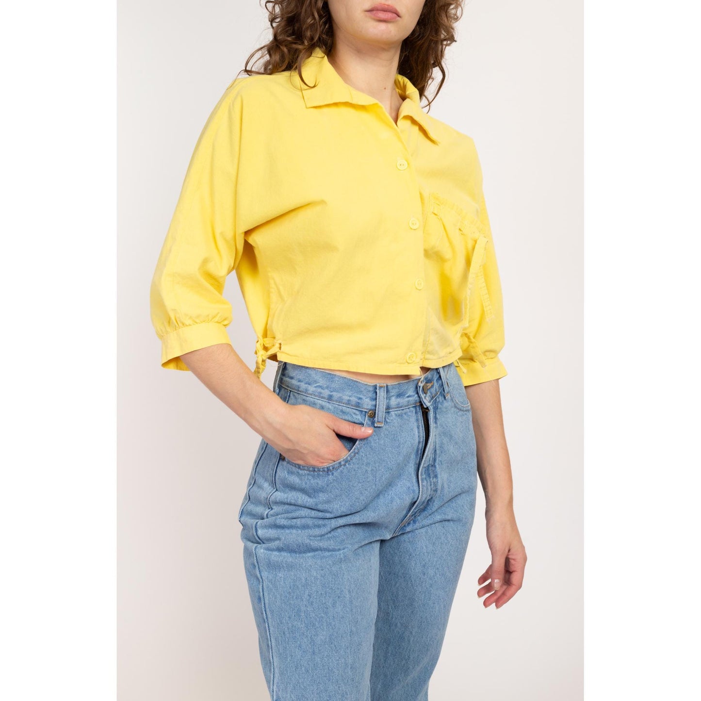 Large 80s Yellow Cotton Button Up Crop Top | Vintage Dolman Sleeve Collared Cropped Shirt