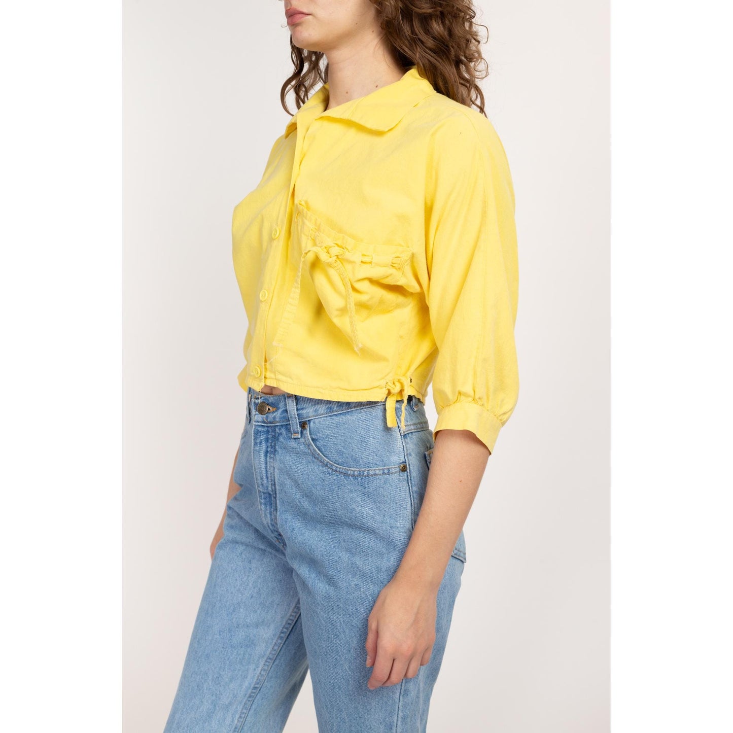 Large 80s Yellow Cotton Button Up Crop Top | Vintage Dolman Sleeve Collared Cropped Shirt