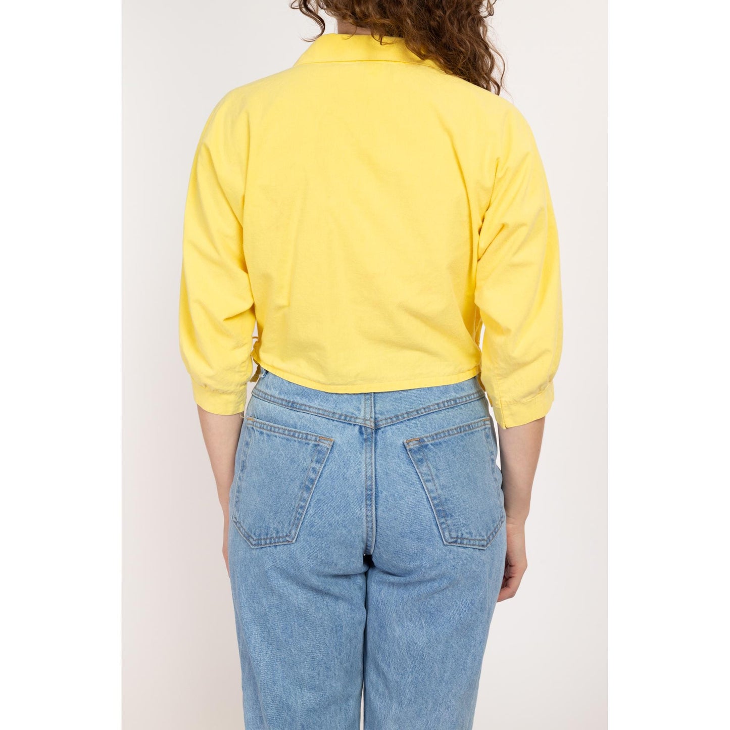 Large 80s Yellow Cotton Button Up Crop Top | Vintage Dolman Sleeve Collared Cropped Shirt