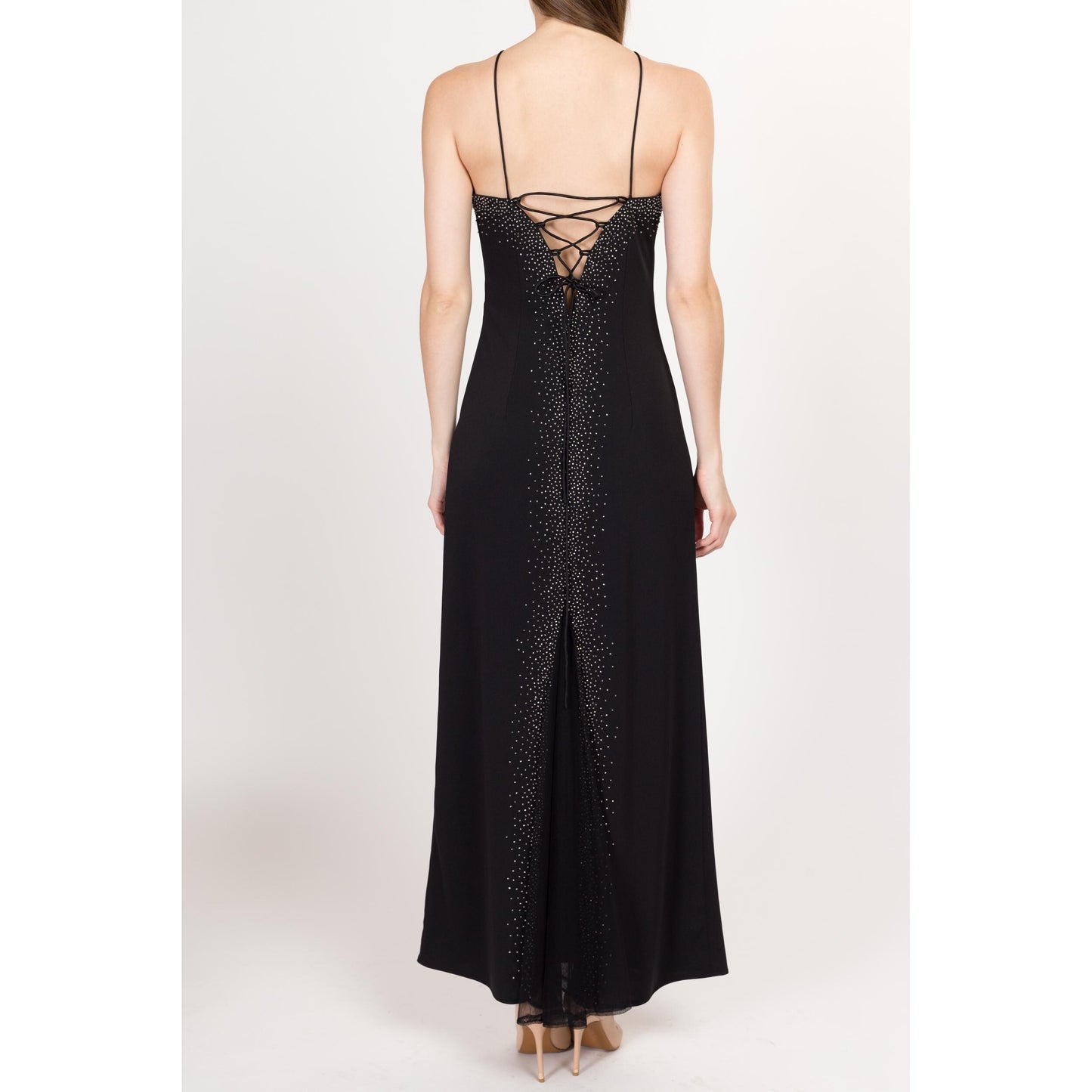 Small 90s Dave & Johnny Black Beaded Low Back Maxi Dress | Vintage Sleeveless Slinky Sexy Formal Gown