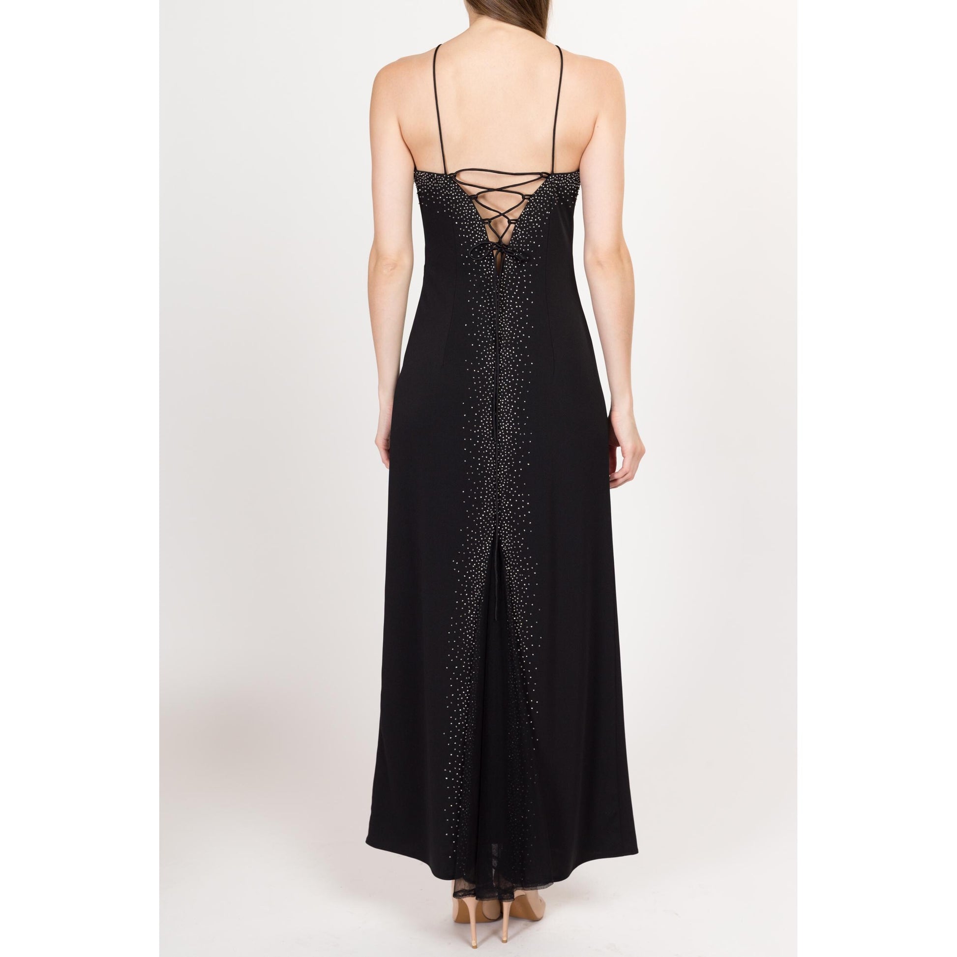 Small 90s Dave & Johnny Black Beaded Low Back Maxi Dress | Vintage Sleeveless Slinky Sexy Formal Gown