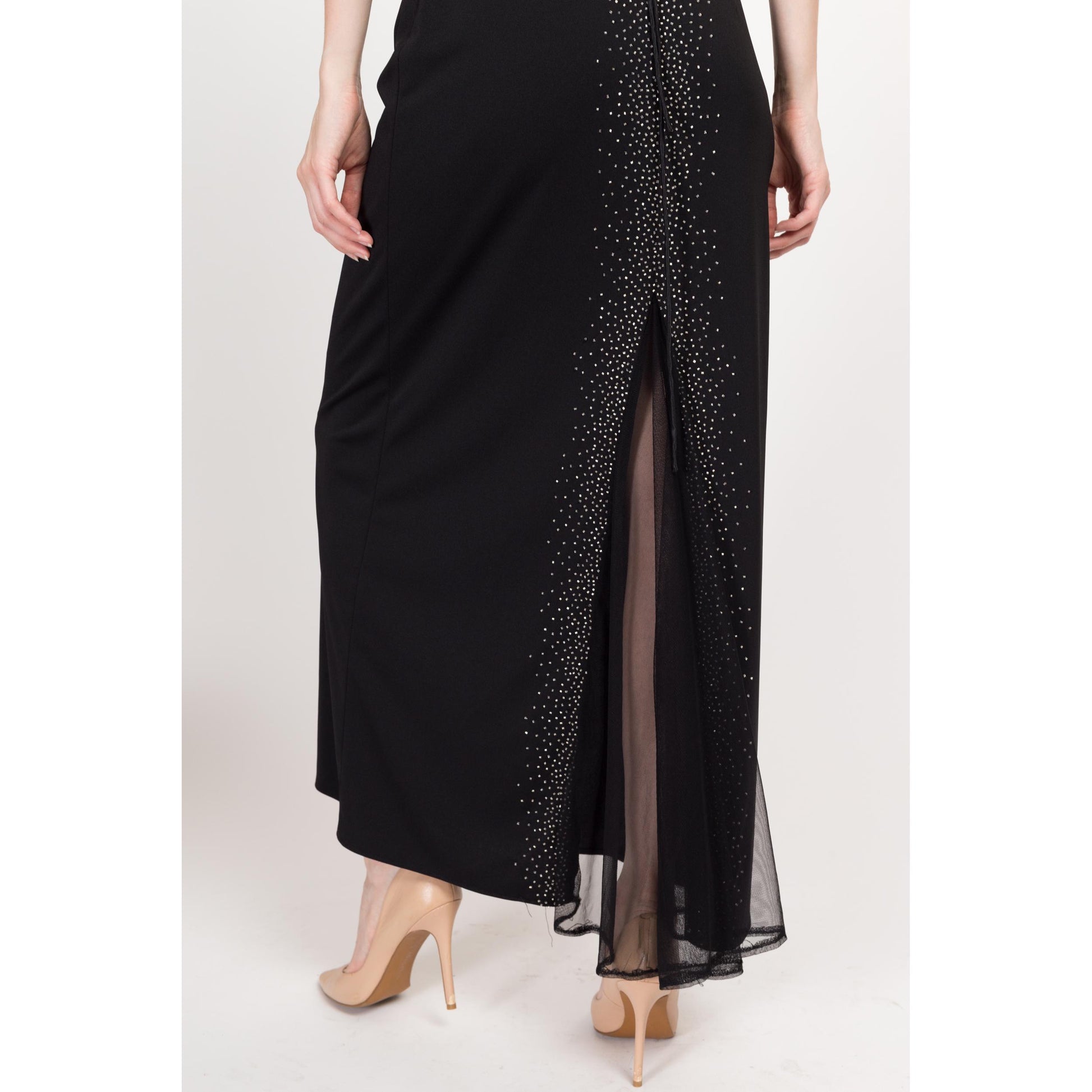 Small 90s Dave & Johnny Black Beaded Low Back Maxi Dress | Vintage Sleeveless Slinky Sexy Formal Gown
