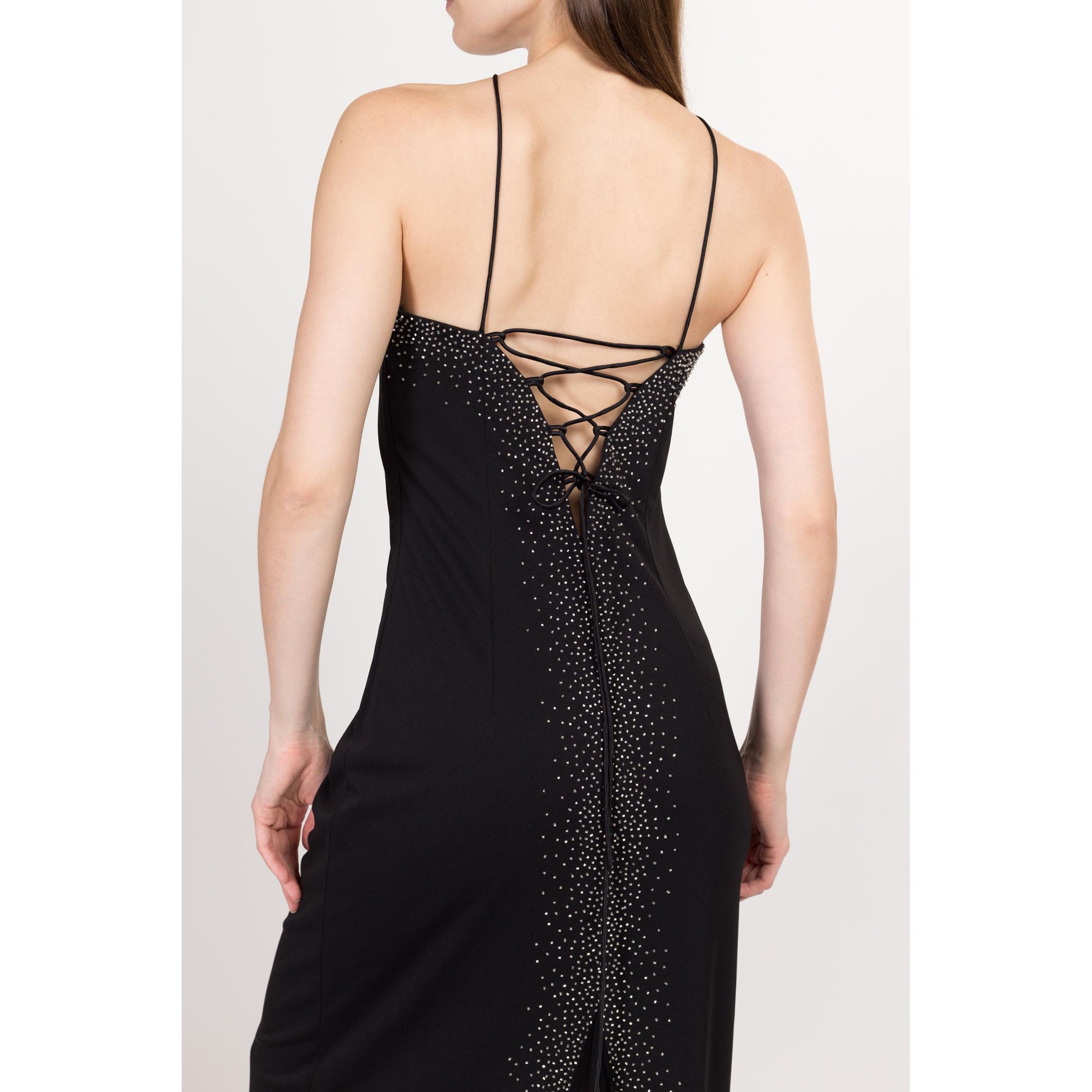 Small 90s Dave & Johnny Black Beaded Low Back Maxi Dress | Vintage Sleeveless Slinky Sexy Formal Gown